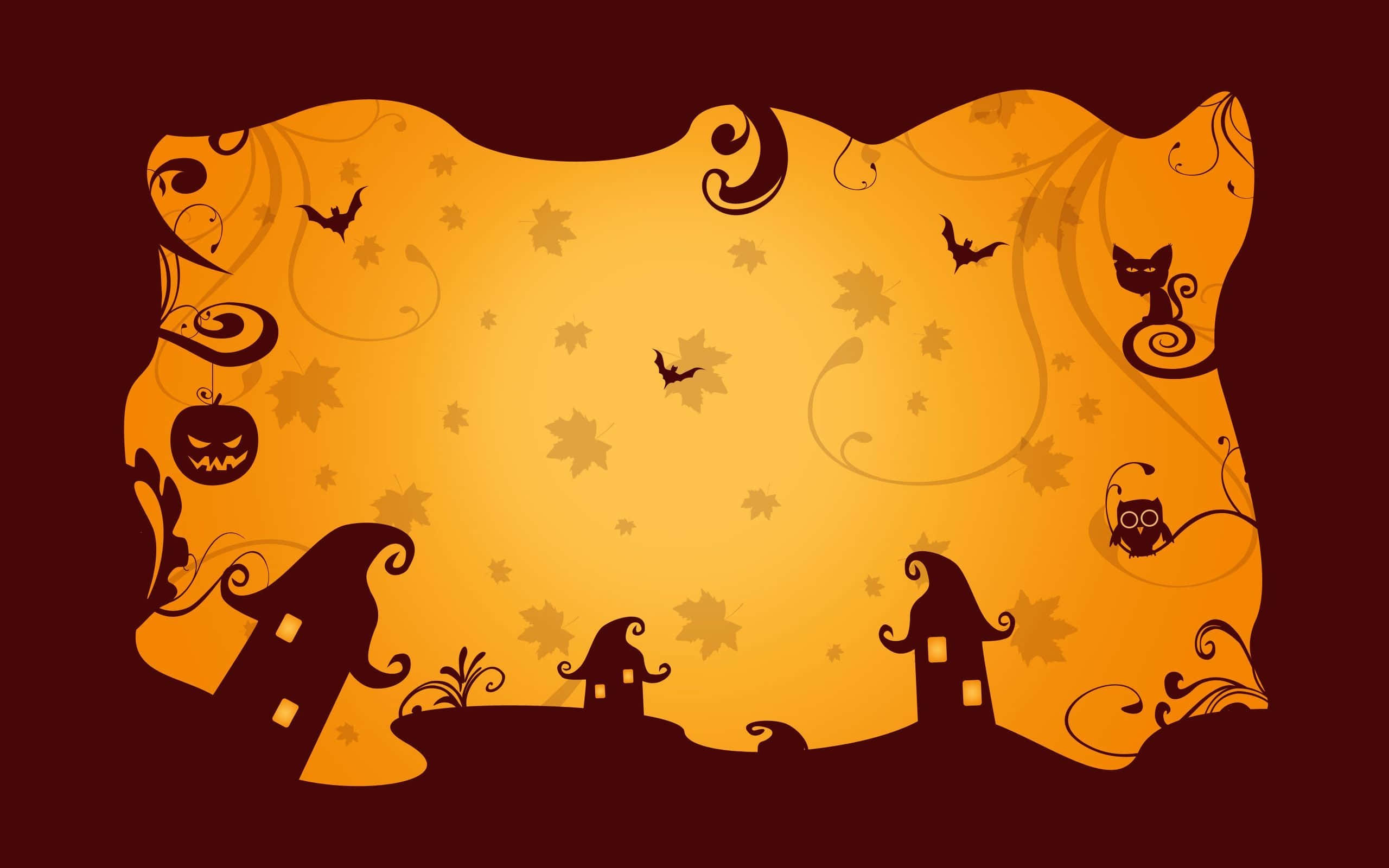 Halloween Laptop 桌布 壁紙 — 一幅以萬聖節為主題的插圖，在溫暖的橙色背景上呈現出房屋、蝙蝠、貓和南瓜的詭異剪影。