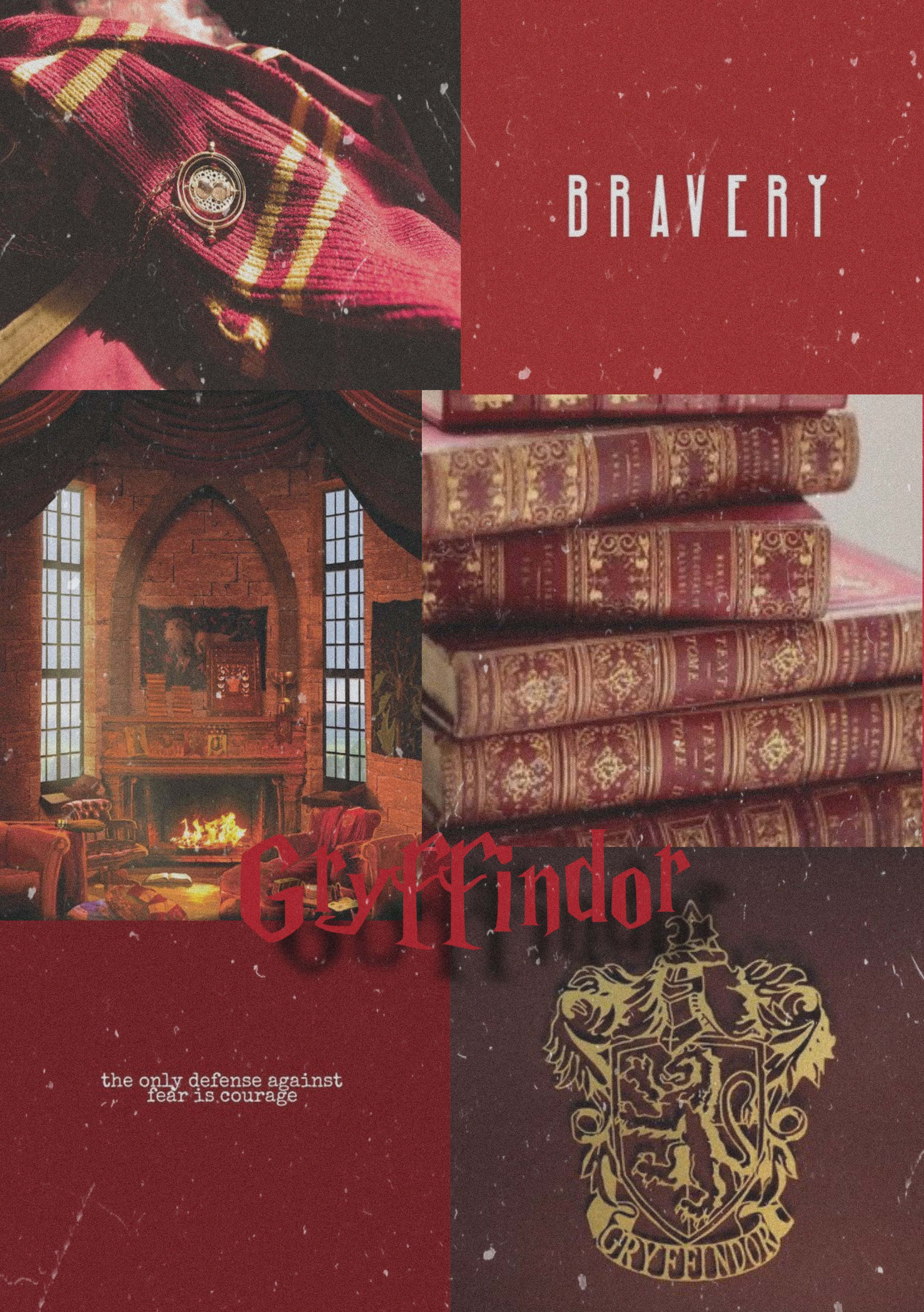 Gryffindor Aesthetic 桌布 壁紙 — 一幅以葛萊芬多為主題的拼貼畫，包括圍巾、徽章、書籍、公共休息室和學院徽章，並帶有勇敢一詞和引言。