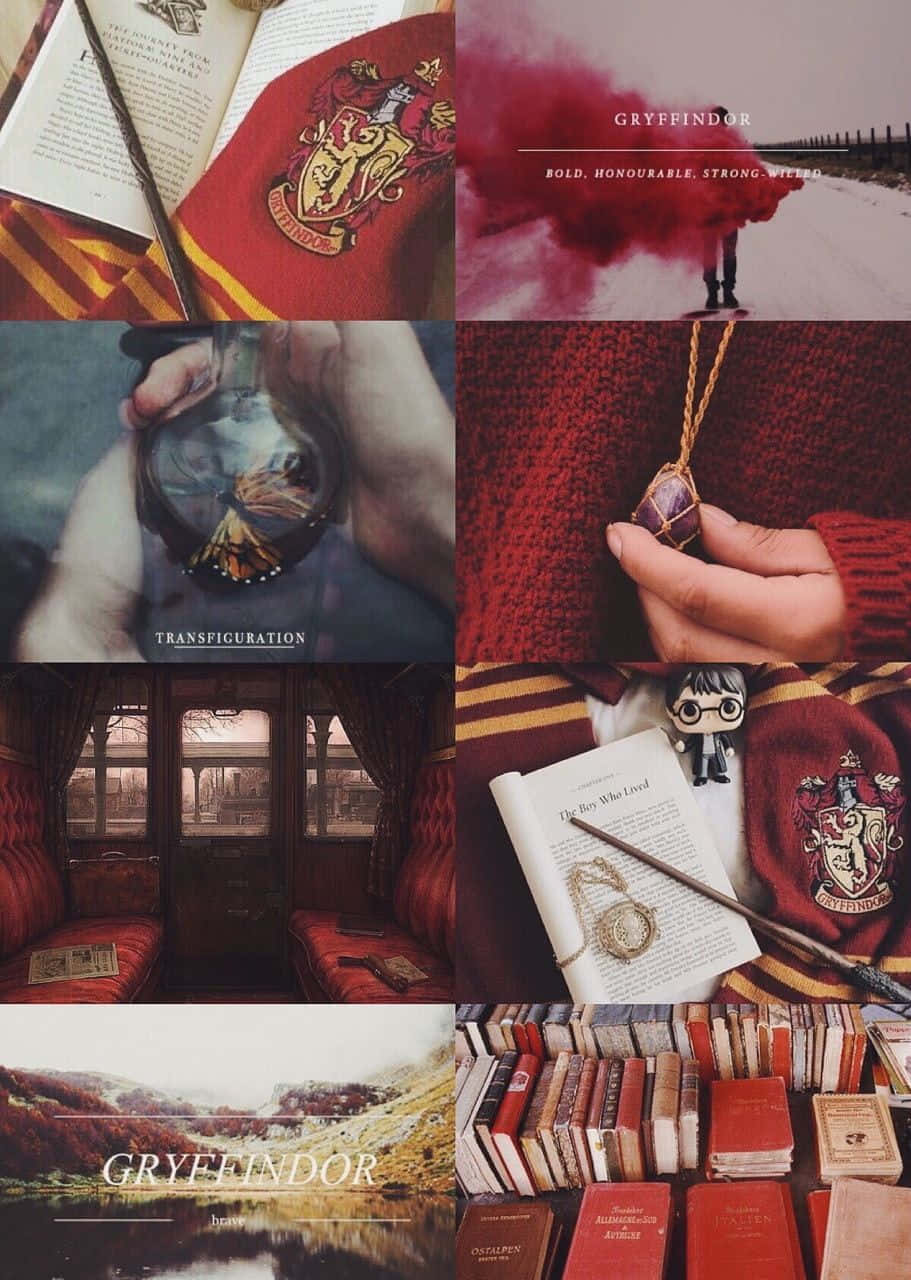 Gryffindor Aesthetic 桌布 壁紙 — 一幅以葛萊芬多為主題的拼貼畫，包含猩紅色長袍、書籍、魔杖和火車車廂，喚起哈利波特的魔法。