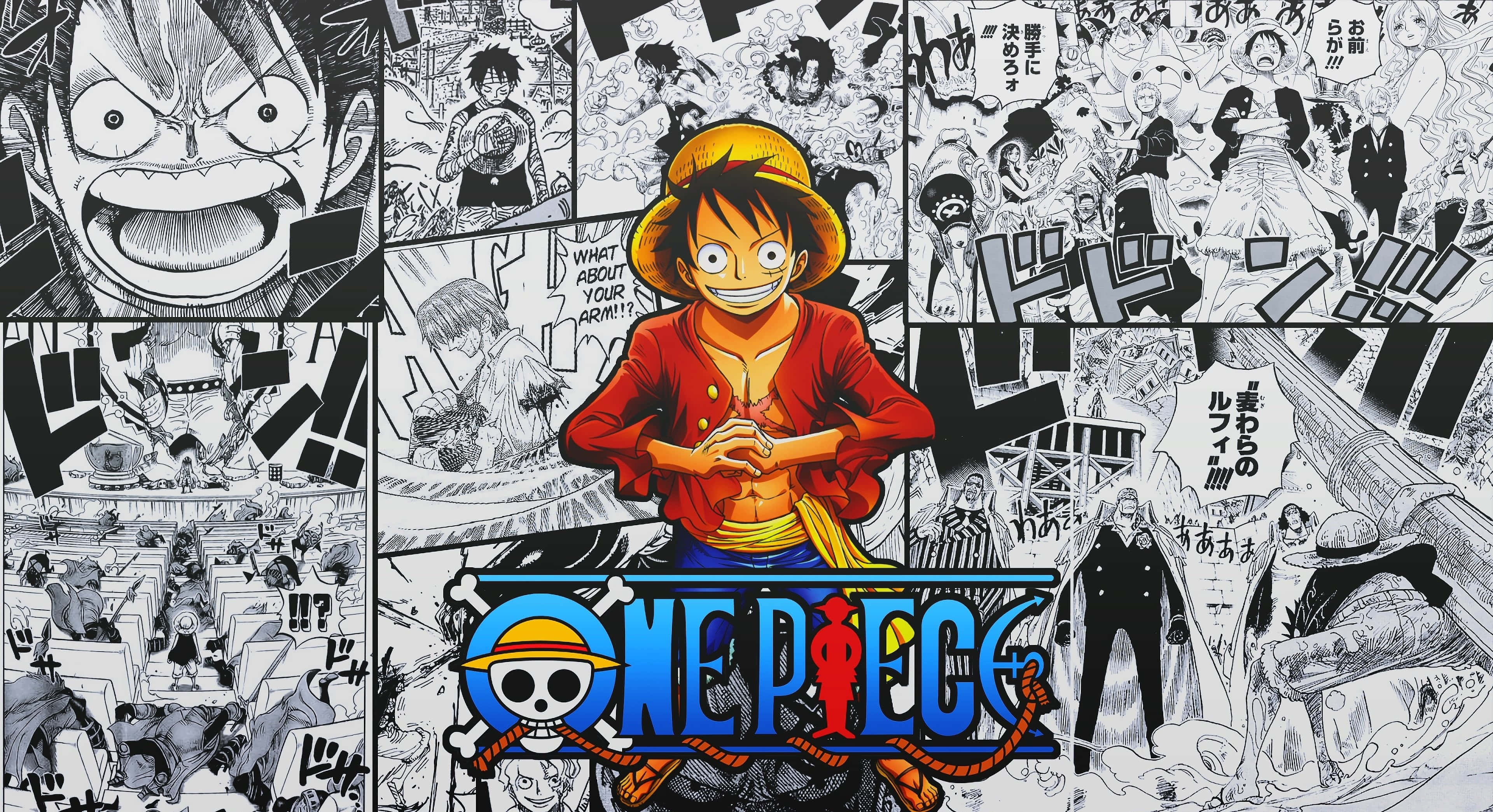 One Piece Manga 桌布 壁紙 — 一幅以蒙奇·D·魯夫為中心的充滿活力的動漫拼貼畫，周圍環繞著黑白漫畫面板。