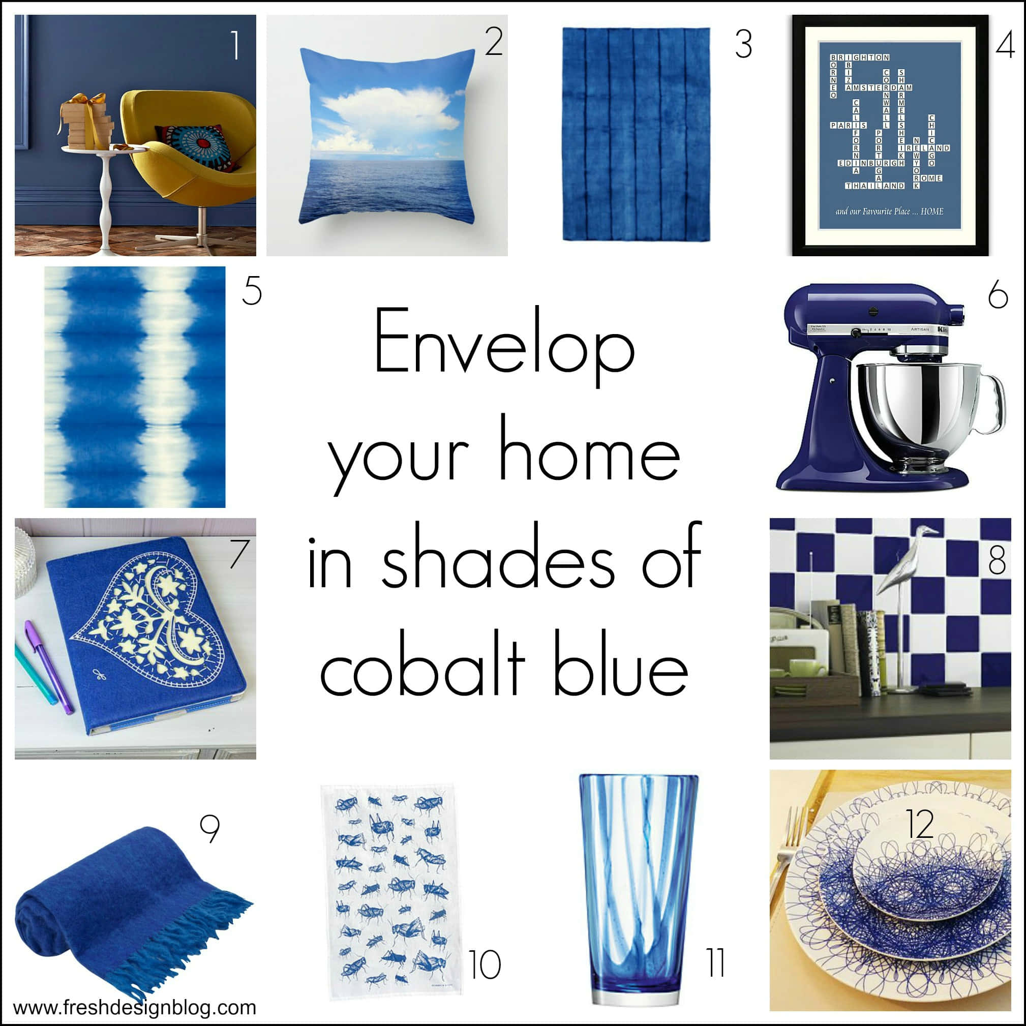 Cobalt Blue 桌布 壁紙 — 一幅以鈷藍色家居裝飾物品（包括家具、紡織品、廚房用品和牆壁藝術）組成的拼貼畫，圍繞中央文字疊加排列。