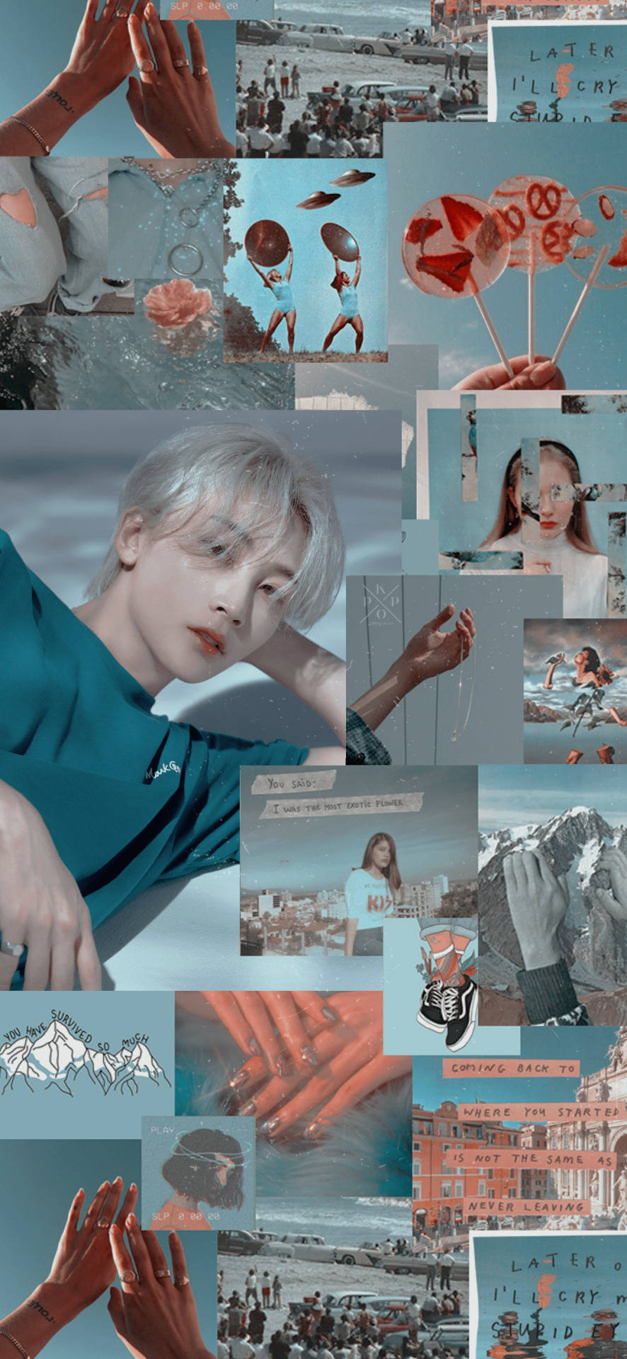 yoon jeonghan 桌布 壁紙 — 一幅以青綠色和珊瑚色調的圖像拼貼畫，中央有肖像、手、海灘場景和手寫筆記，呈現夢幻美學。
