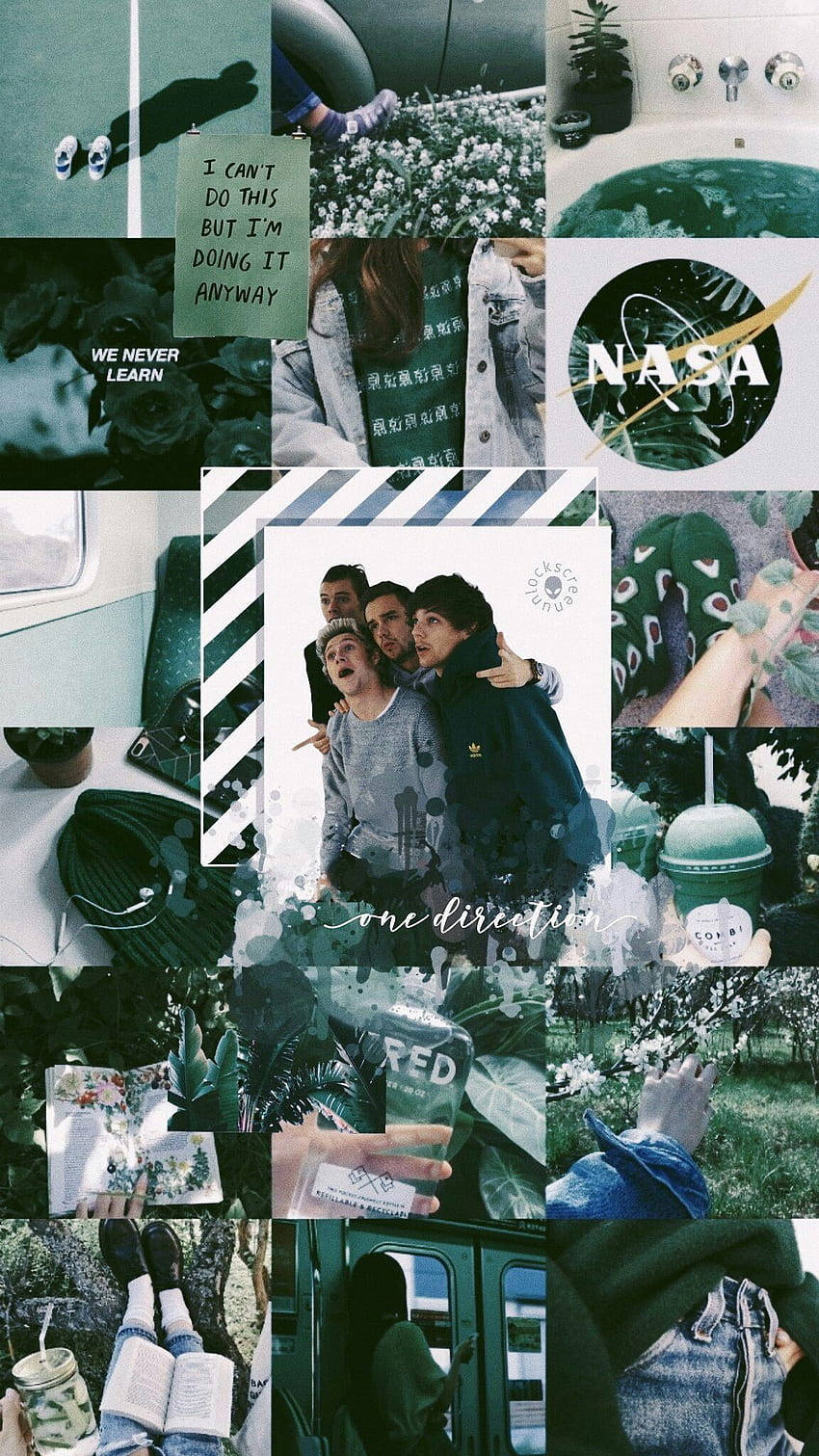 One Direction Aesthetic 桌布 壁紙 — 一幅以青綠色調呈現的拼貼畫，包含One Direction、NASA、植物、書籍和手寫語錄，展現青春時刻的陰鬱美學。