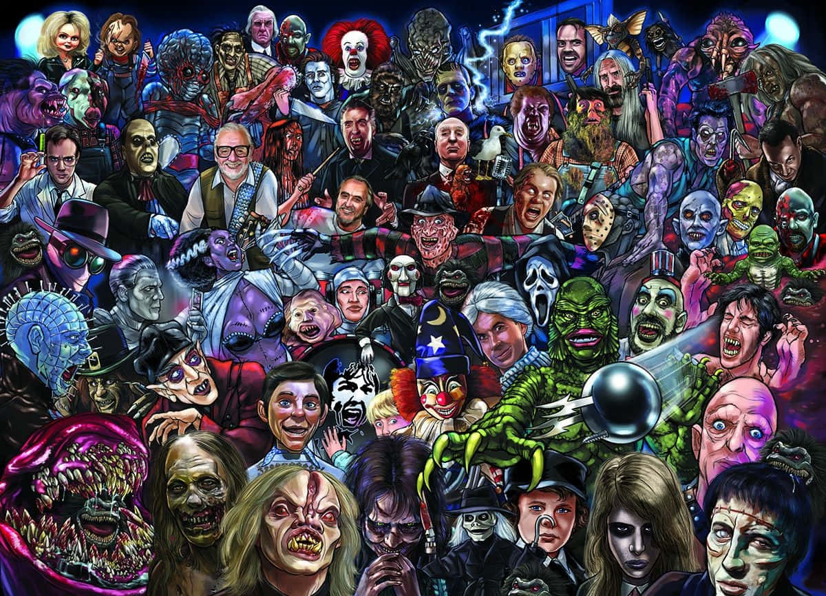 Horror Icons 桌布 壁紙 — 一幅以鮮豔飽和色彩呈現的經典恐怖電影反派與怪物混亂數位藝術拼貼。