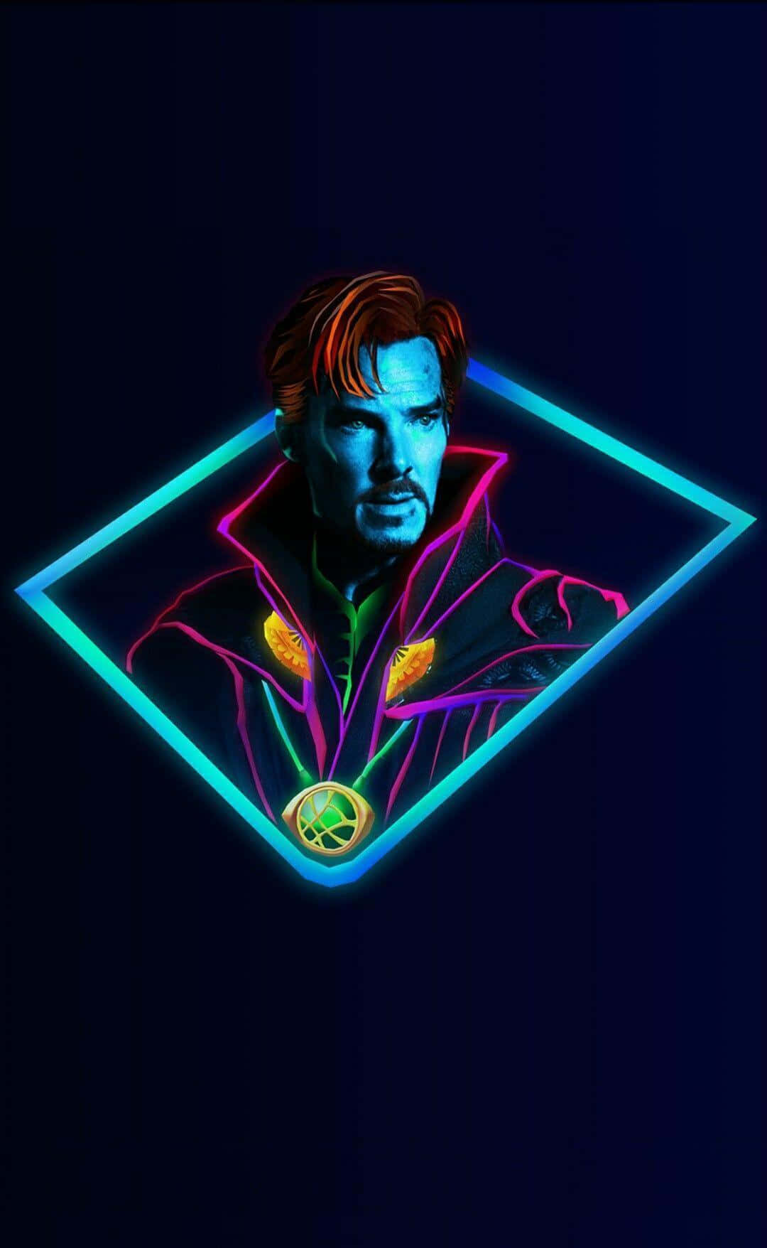Dr Strange 桌布 壁紙 — 一幅以黑暗背景襯托、由發光青色和洋紅色線條框住的奇異博士霓虹燈肖像。