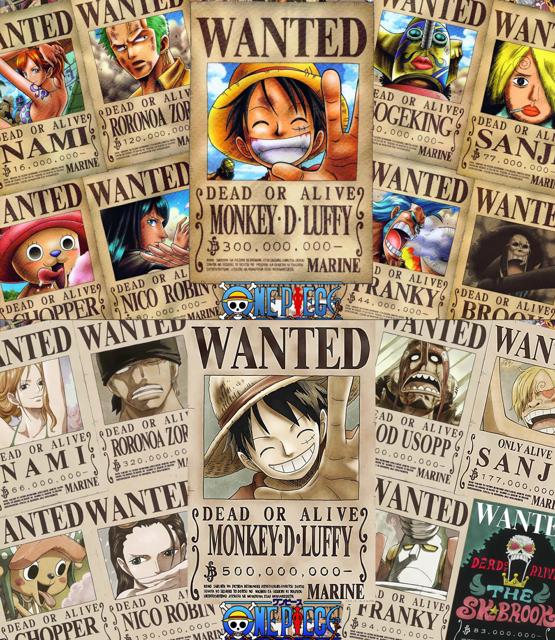 Dressrosa 桌布 壁紙 — 一幅來自《ONE PIECE》的通緝令拼貼畫， featuring 魯夫和其他海賊，配有粗體文字和充滿活力的動漫藝術。