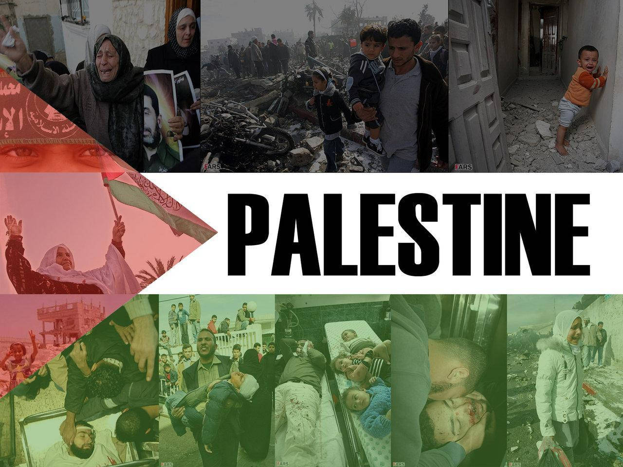 Palestine 桌布 壁紙 — 一幅來自巴勒斯坦的令人痛心場景拼貼畫，展示廢墟和抗議中悲傷的家庭。