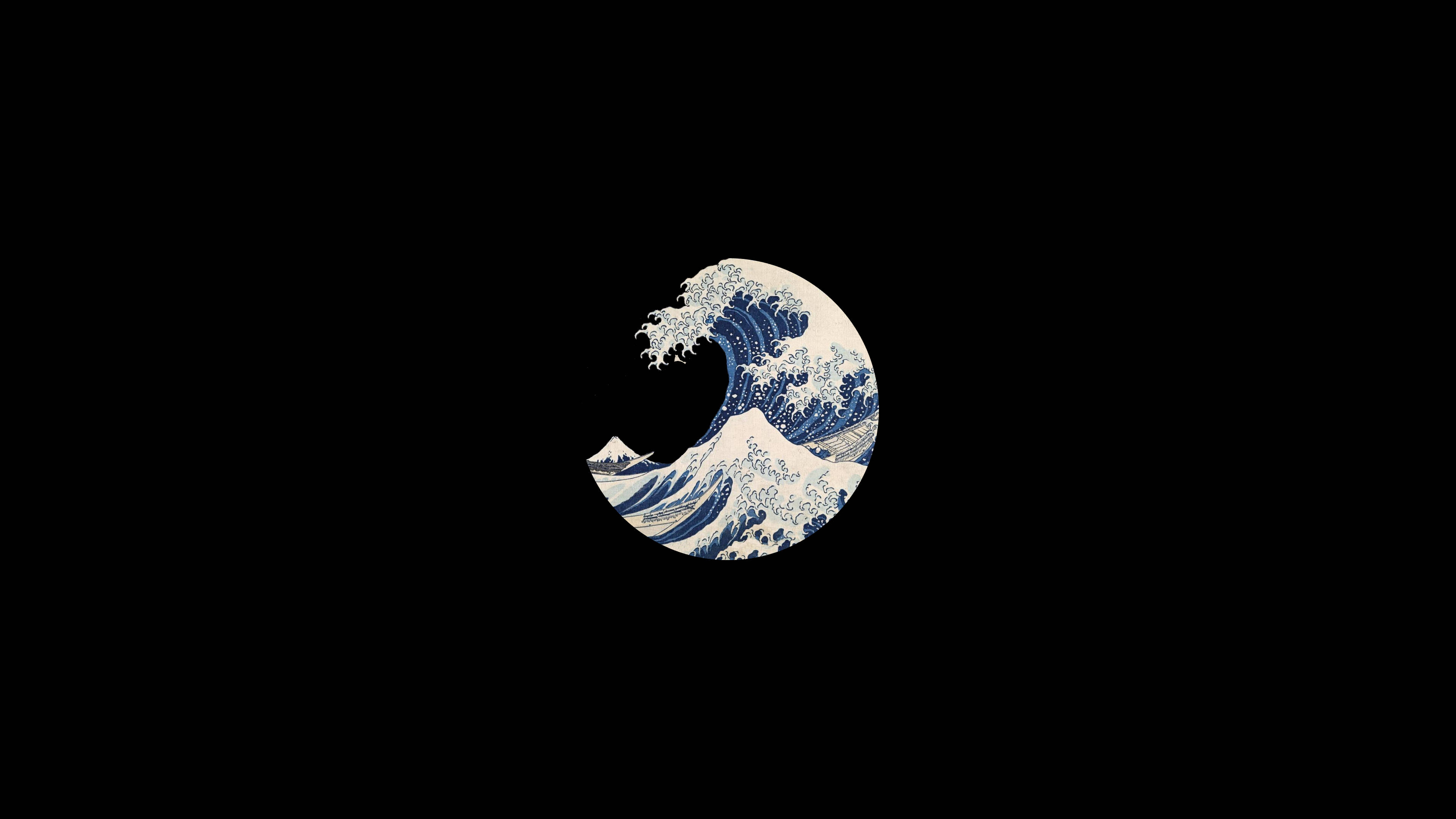 Wave 桌布 壁紙 — 一幅來自葛飾北齋《神奈川沖浪裏》的風格化藍白波浪插圖，置於純黑背景上。