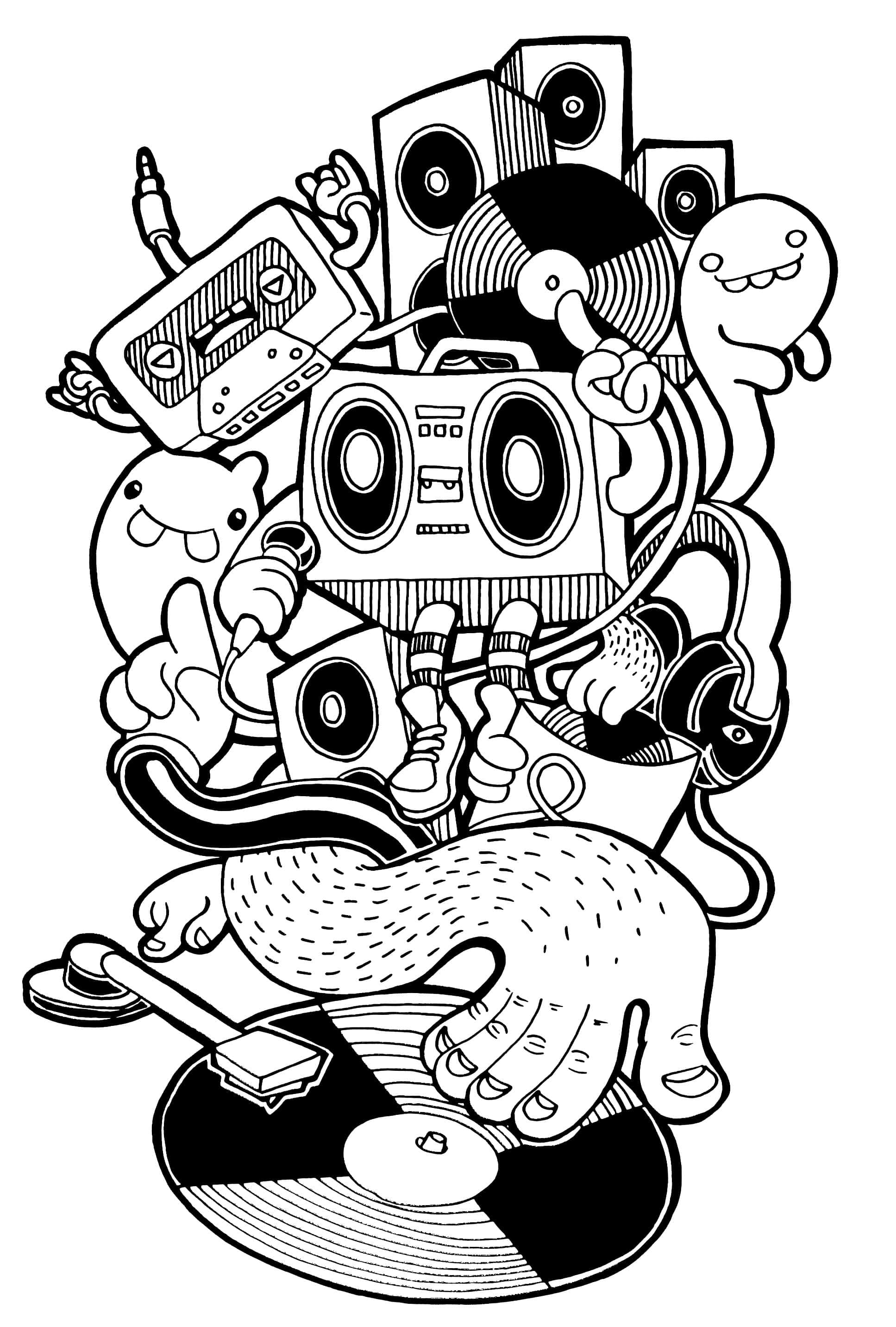 Cartoon Colouring 桌布 壁紙 — 一幅俏皮的黑白線條藝術插圖，描繪卡通角色愉快地與復古音響設備（如手提音響和黑膠唱片）互動。