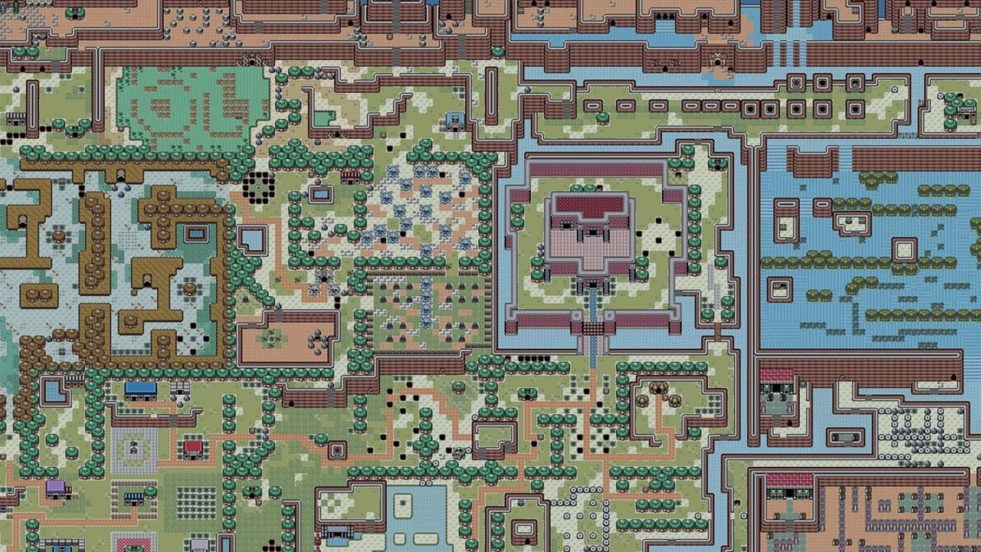 HD Gaming 桌布 壁紙 — 一幅俯瞰像素藝術地圖，描繪了一個廣闊的奇幻世界，包含森林、河流、城鎮和城堡，以大地色調呈現。