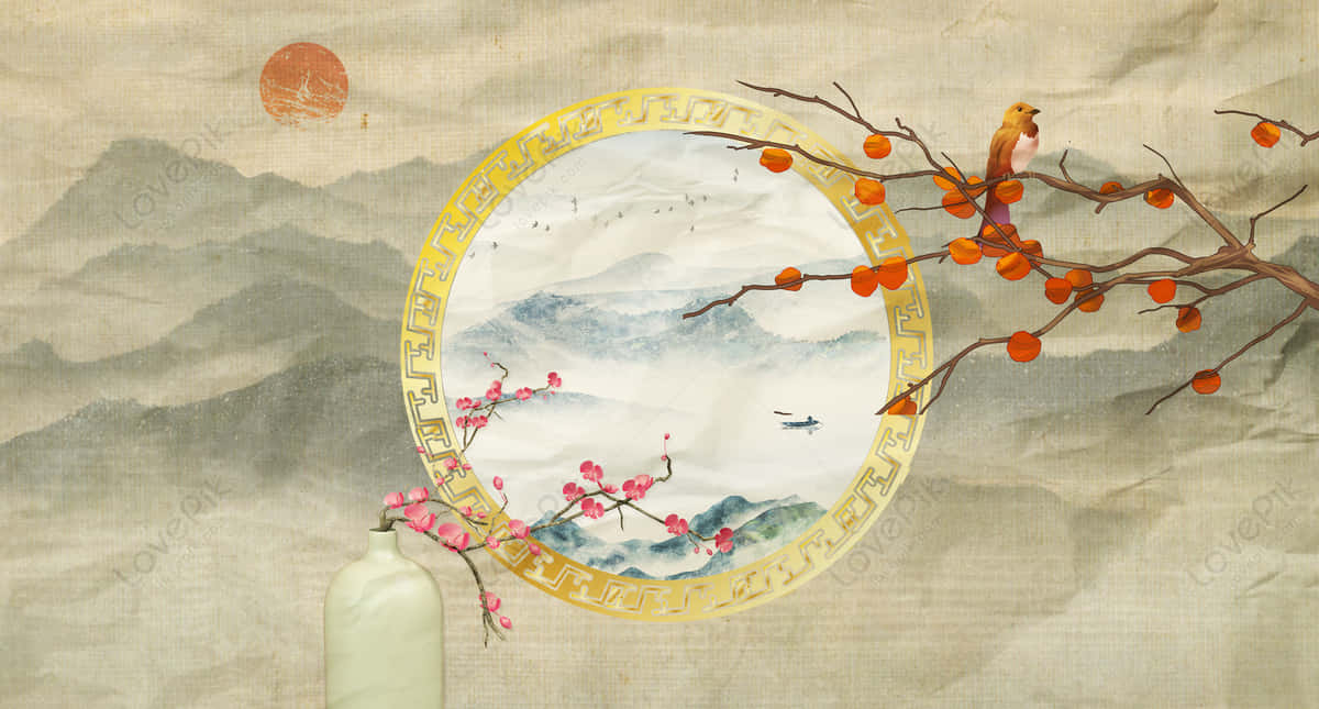 桌布 壁紙 — 一幅傳統中國水墨畫，以金色畫框裝裱，描繪梅花和一隻棲息在柿子枝上的鳥兒，背景是煙霧繚繞的山巒和一輪紅日。