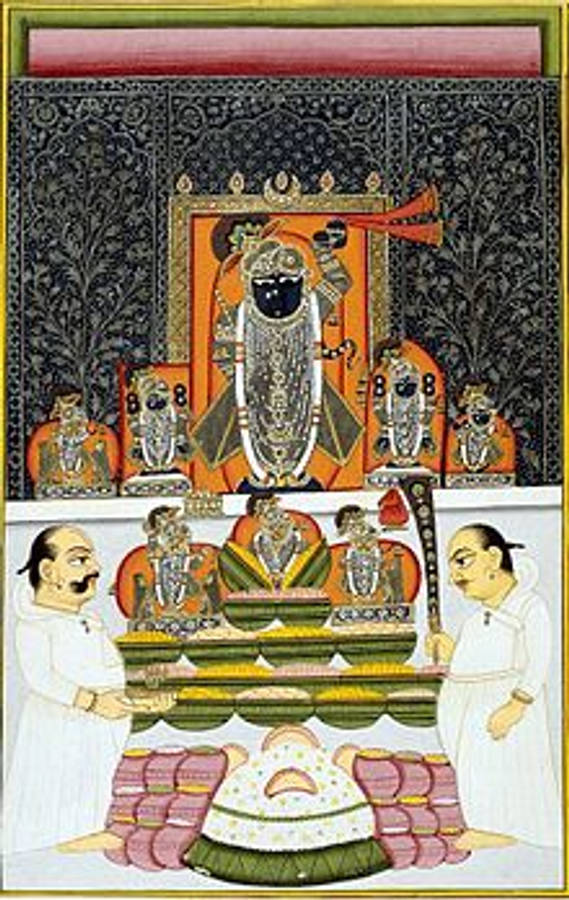 Shrinathji 桌布 壁紙 — 一幅傳統印度細密畫描繪了一位皇室人物坐在王座上，周圍有侍從和供品。