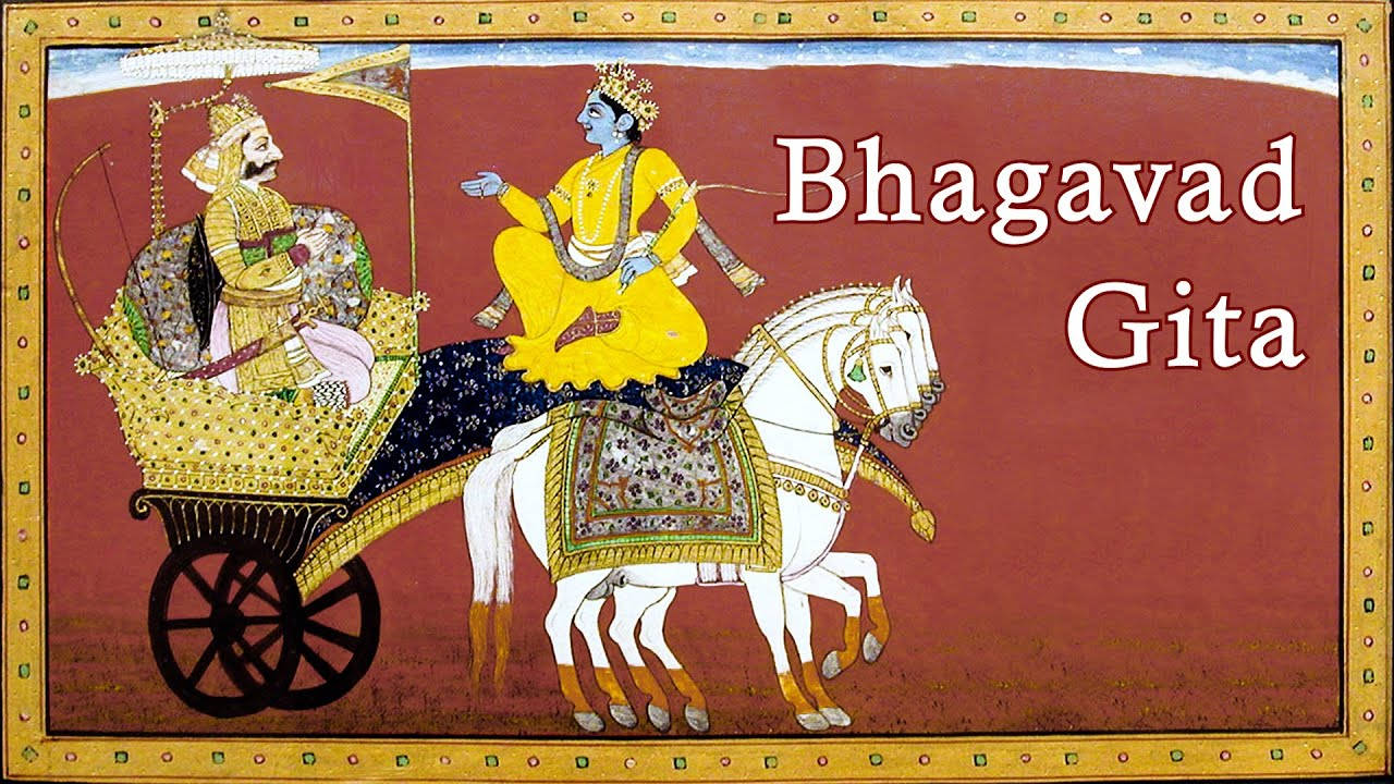 Krishna Arjun 桌布 壁紙 — 一幅傳統印度細密畫描繪了穿著黃色長袍的克里希納騎著由馬拉動的白色戰車，而阿周那則坐在天篷下。