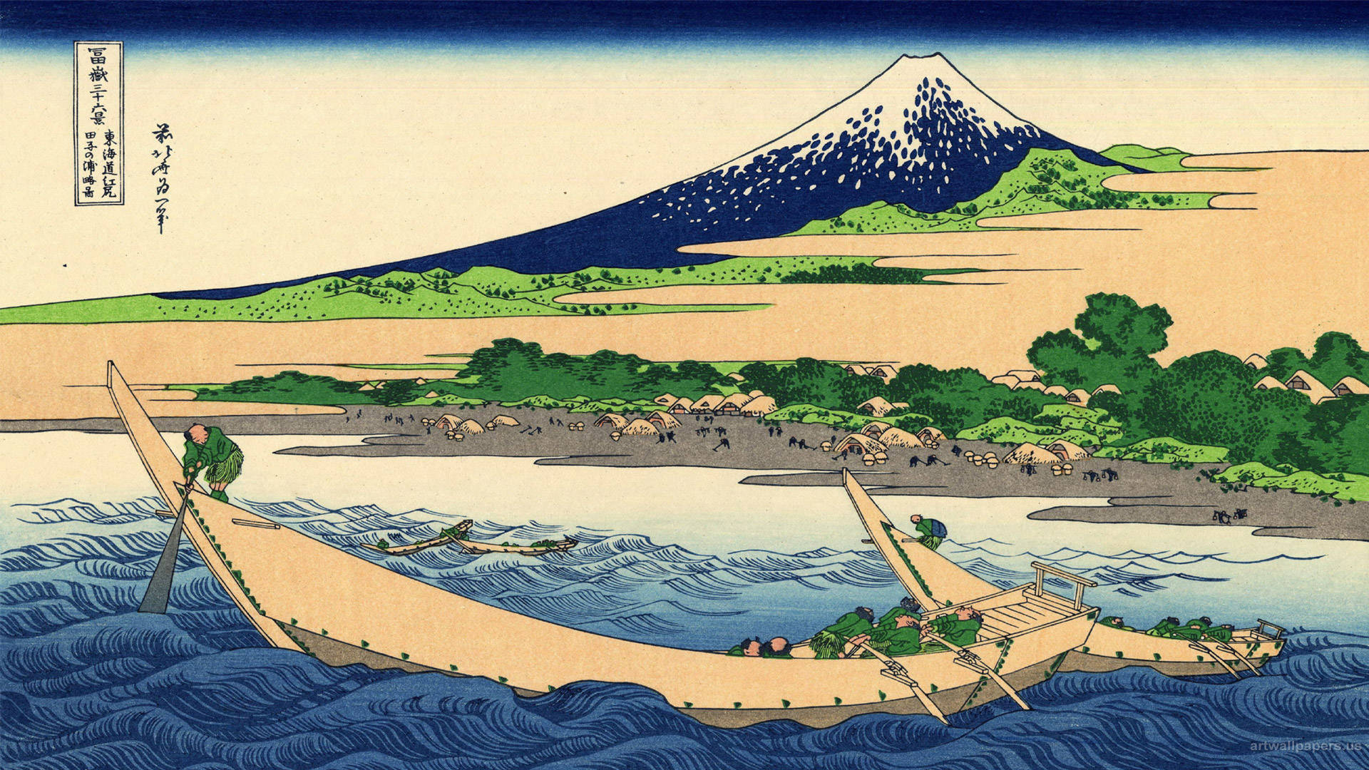Folk Art 桌布 壁紙 — 一幅傳統日本木版畫描繪兩艘船隻在波濤洶湧的藍色海面上航行，靠近岸邊有茅屋，遠處是白雪覆蓋的富士山。