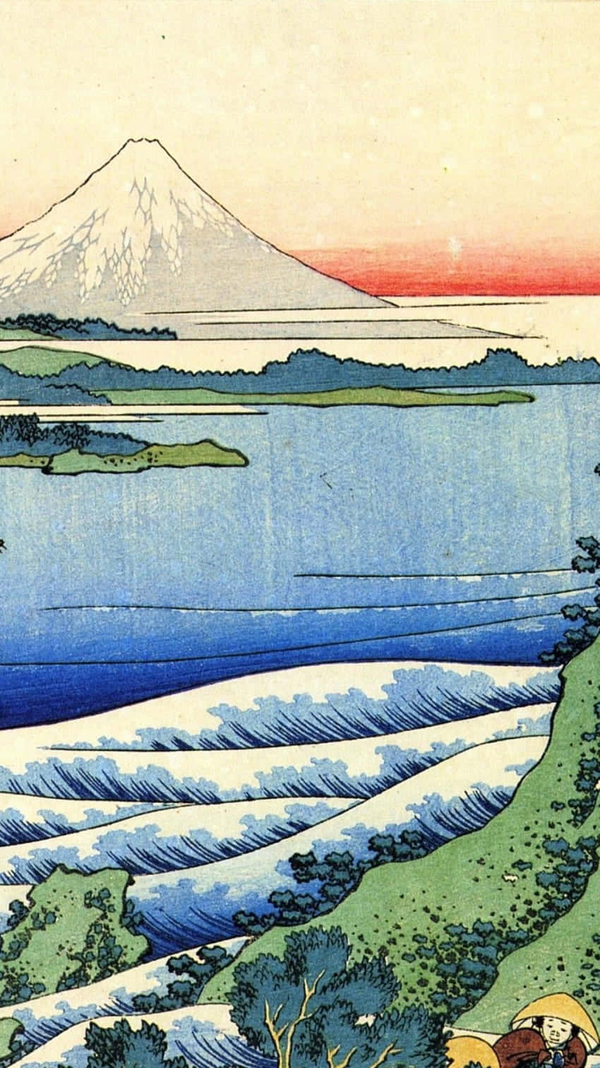 桌布 壁紙 — 一幅傳統日本木版畫描繪富士山在寧靜的湖泊上升起，有風格化的波浪和一個戴草帽的孤獨人物在綠色山坡上。