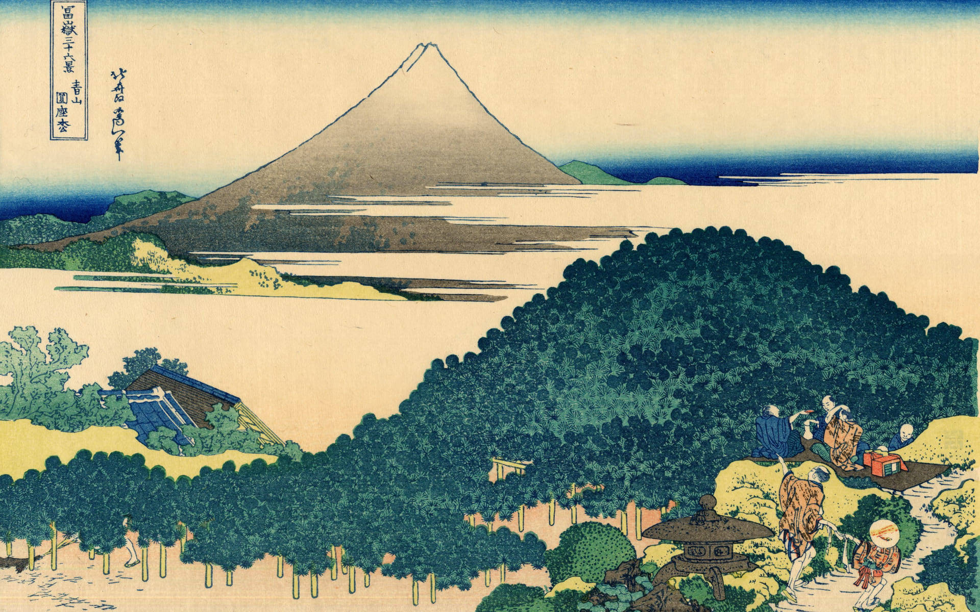 日式藝術 桌布 壁紙 — 一幅傳統日本木版畫描繪富士山在寧靜的湖泊上升起，旅人和神社坐落在鬱鬱蔥蔥的綠色山丘中。