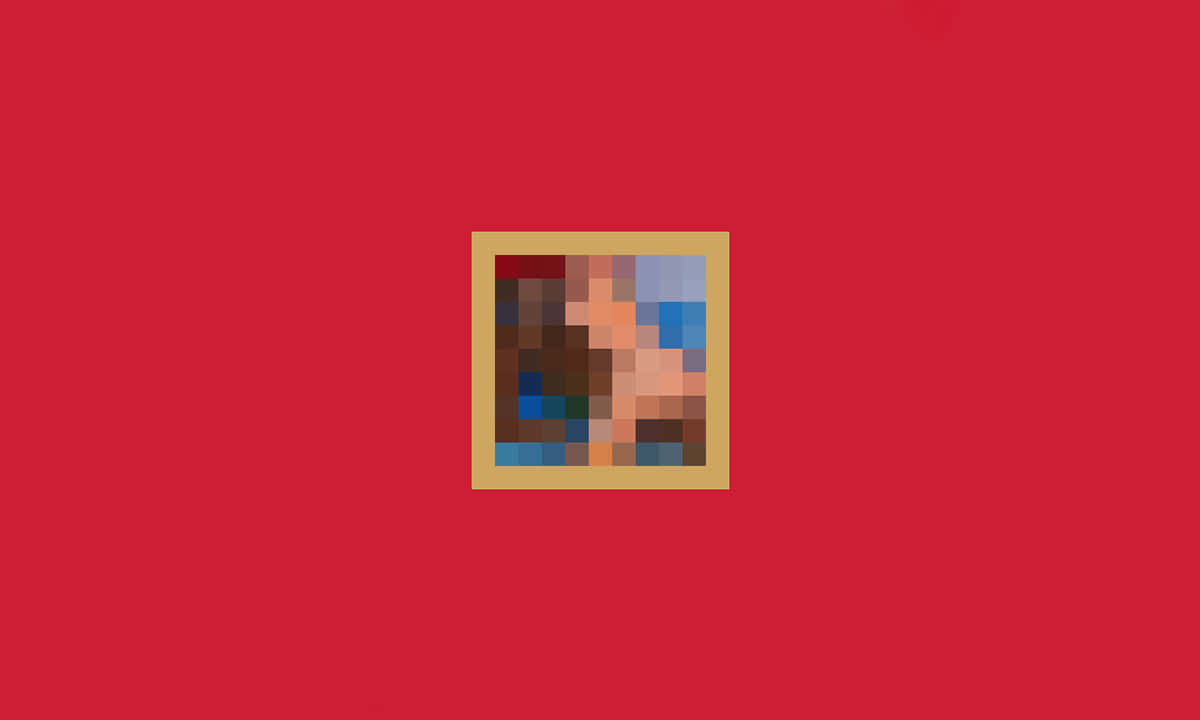 My Beautiful Dark Twisted Fantasy 桌布 壁紙 — 一幅像素化抽象藝術品，置於金色畫框中，居中放在純紅色背景上。