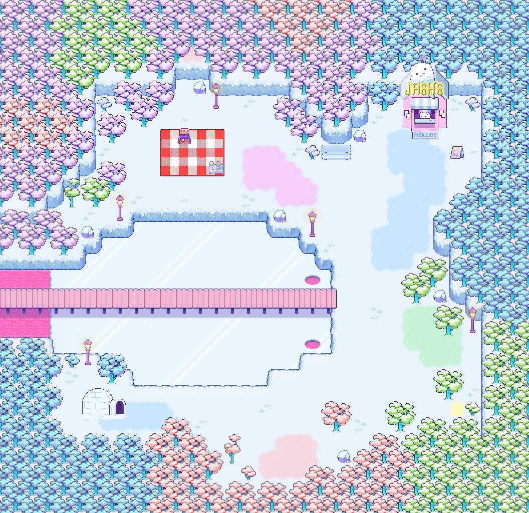 omori 桌布 壁紙 — 一幅像素藝術冬季場景，有粉彩色的樹木、積雪覆蓋的地面，以及一座橫跨冰凍河流的粉紅色橋樑。