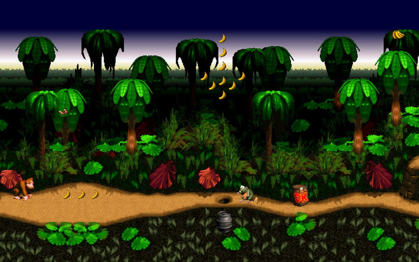 Diddy Kong 桌布 壁紙 — 一幅像素藝術叢林場景，猴子在暮色天空下收集香蕉。