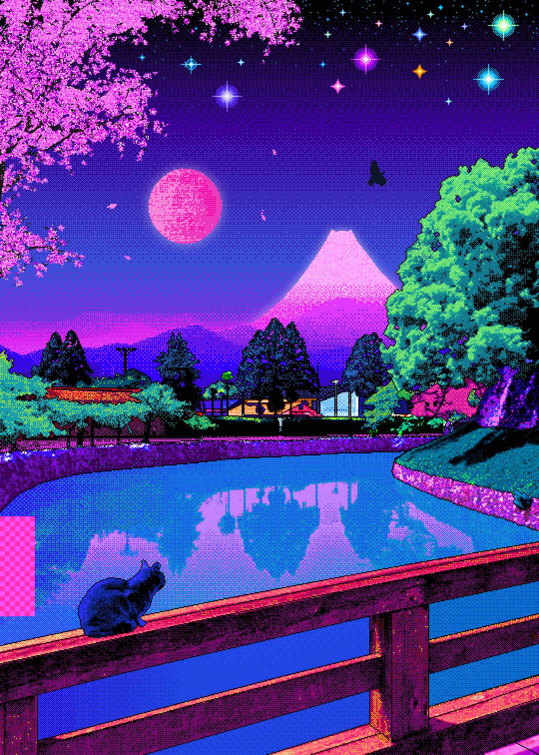 Pixel 桌布 壁紙 — 一幅像素藝術場景，一隻黑貓坐在木橋上，俯瞰著一個池塘，池塘中有富士山和櫻花，背景是繁星點點的粉紅月亮天空。