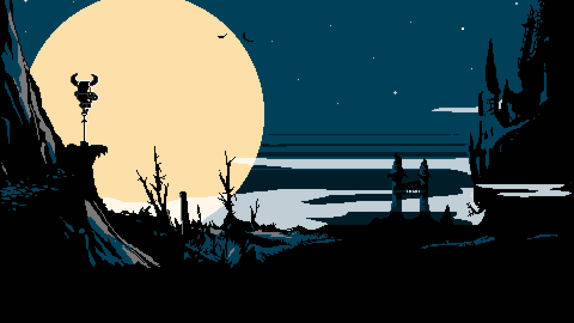 電玩遊戲 桌布 壁紙 — 一幅像素藝術夜景，巨大月亮升起在黑暗景觀之上，有懸崖、廢墟和光禿樹木的剪影。