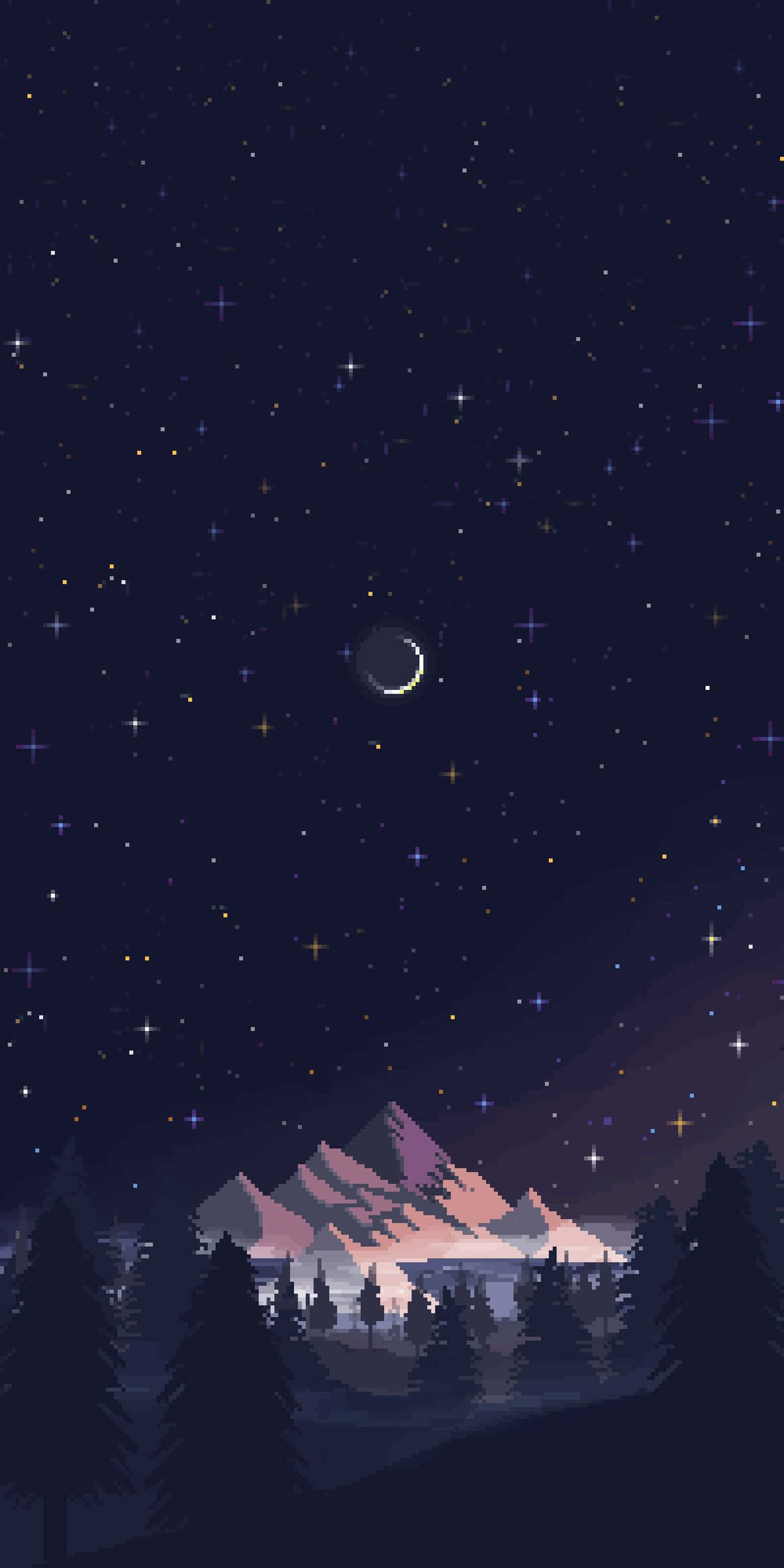Minimalist Sky 桌布 壁紙 — 一幅像素藝術夜景，新月和星星在積雪的山峰和深色松樹上方。
