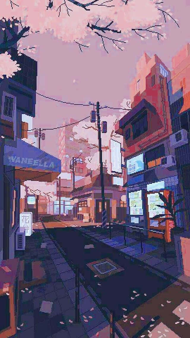 Anime Street 桌布 壁紙 — 一幅像素藝術街景，櫻花飄落在柔和粉紅天空下的粉彩建築上。