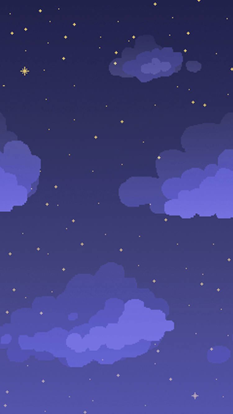 美學手機 桌布 壁紙 — 一幅像素藝術風格的夜空，充滿柔和的紫色雲朵和閃爍的金色星星，背景是深藍色漸變。