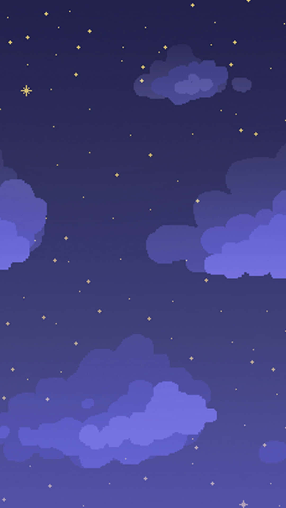 美學手機 桌布 壁紙 — 一幅像素藝術風格的夜空，柔和的紫色雲朵在繁星點點的深藍色天幕下飄動。