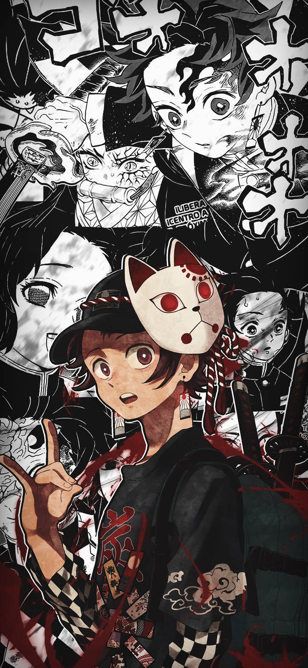 動漫男孩 桌布 壁紙 — 一幅充滿動感的動漫拼貼畫，中央角色戴著狐狸面具，周圍是帶有紅色血跡的強烈黑白戰士面孔。