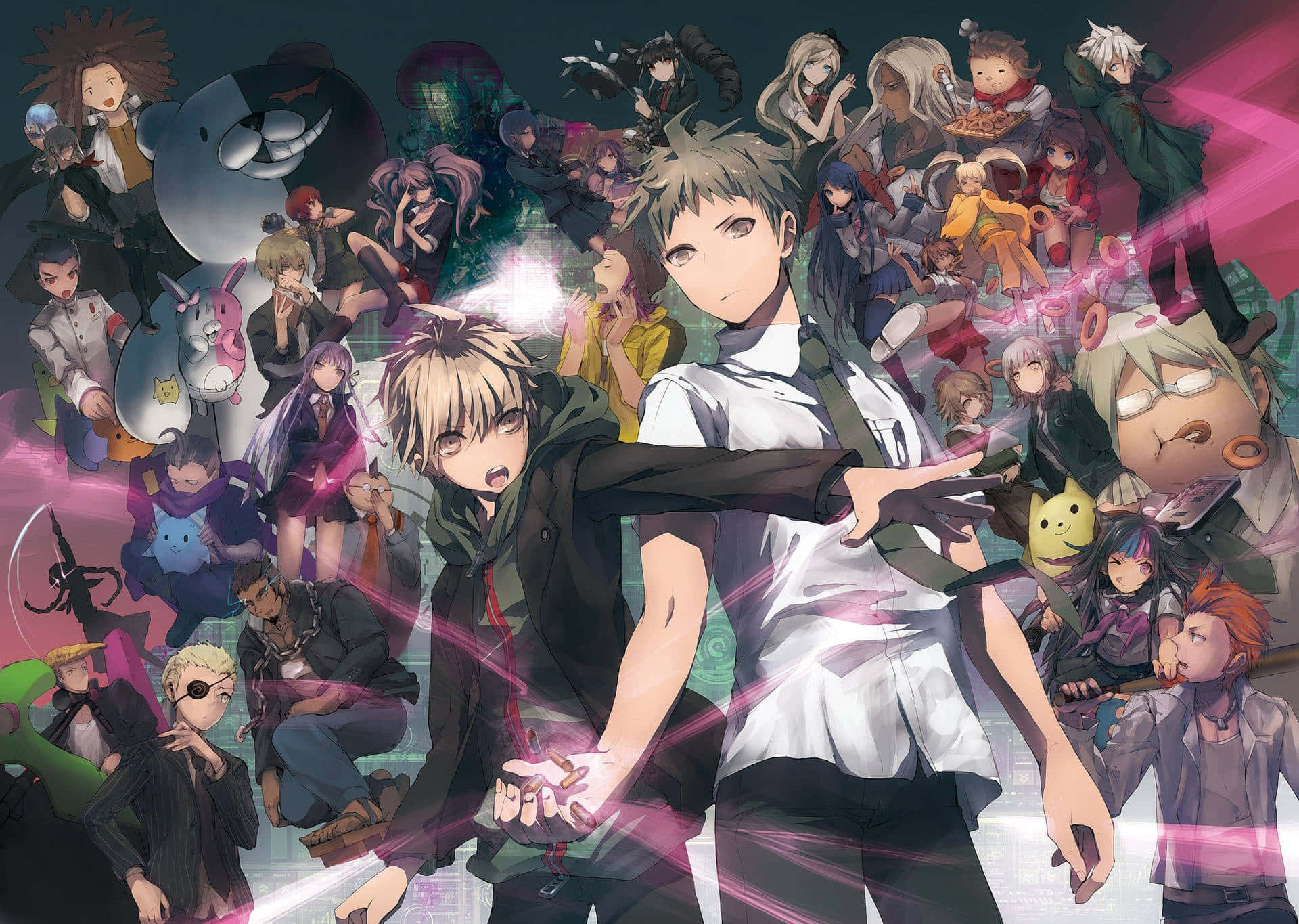 Danganronpa 1 桌布 壁紙 — 一幅充滿動感的動漫插圖，以一個男性角色為中心，周圍環繞著多樣化且表情豐富的動漫角色，構成一個充滿活力的動作場景。