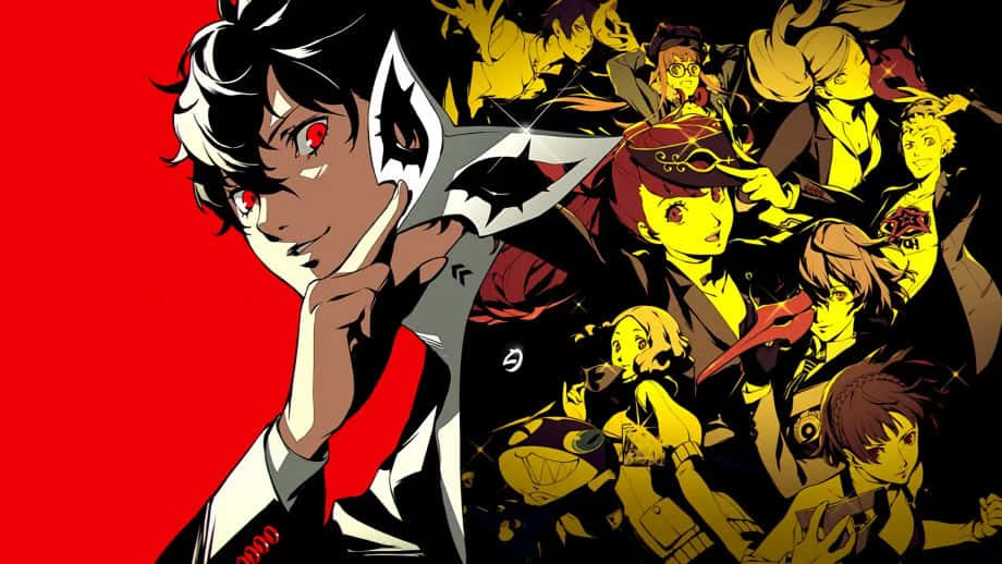 Persona 5 桌布 壁紙 — 一幅充滿動感的動漫插圖，描繪一個有紅眼睛和面具的中心角色，被一群多樣化的角色包圍，背景是鮮明的紅色。