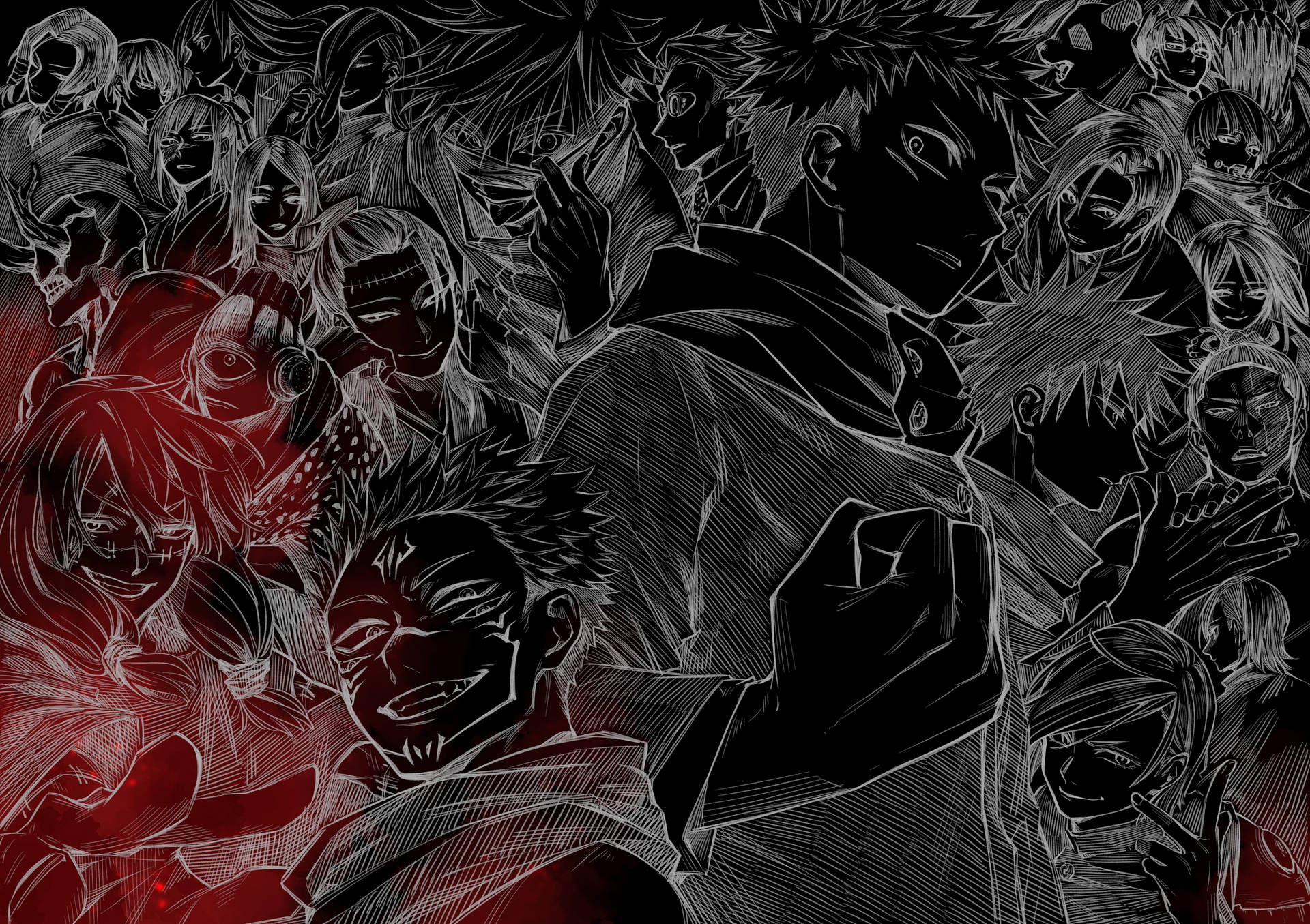 以暗色素描風格繪製的動漫角色，帶有紅色高光。 — 咒術迴戰 4K GIF 壁紙