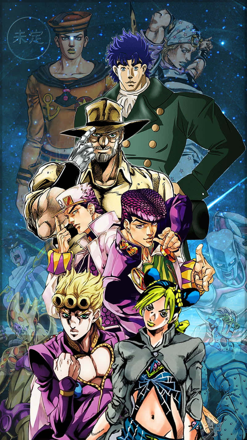 Jojo's Bizarre Adventure 桌布 壁紙 — 一幅充滿動感的動漫插圖，描繪七個JoJo角色在星光燦爛的宇宙背景下英勇地擺出姿勢。