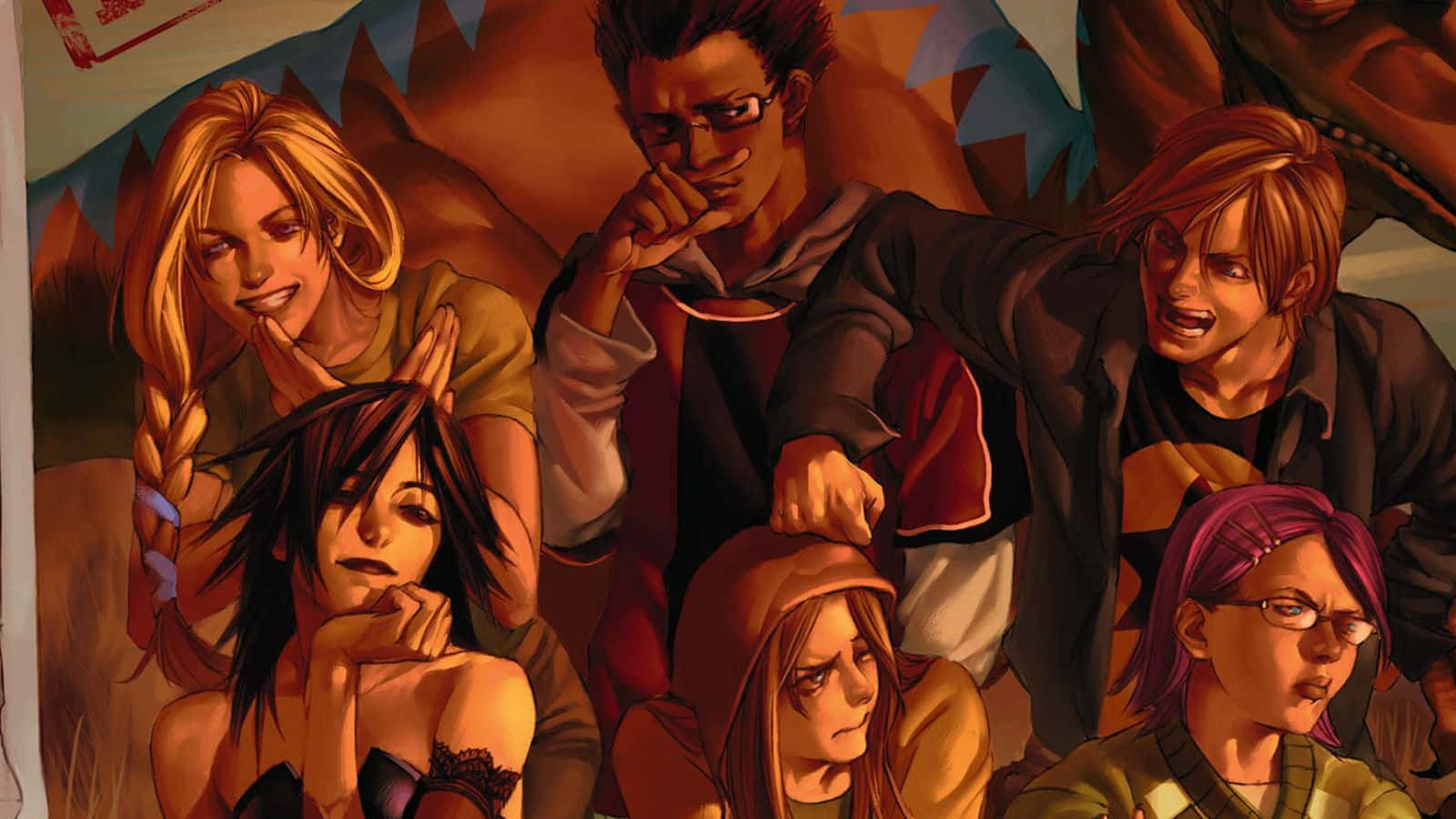 Runaways 桌布 壁紙 — 一幅充滿動感的動漫插圖，描繪了六個表情豐富的角色，擁有各異的髮型和服裝，在風格化的岩石背景前緊密地擺出姿勢。
