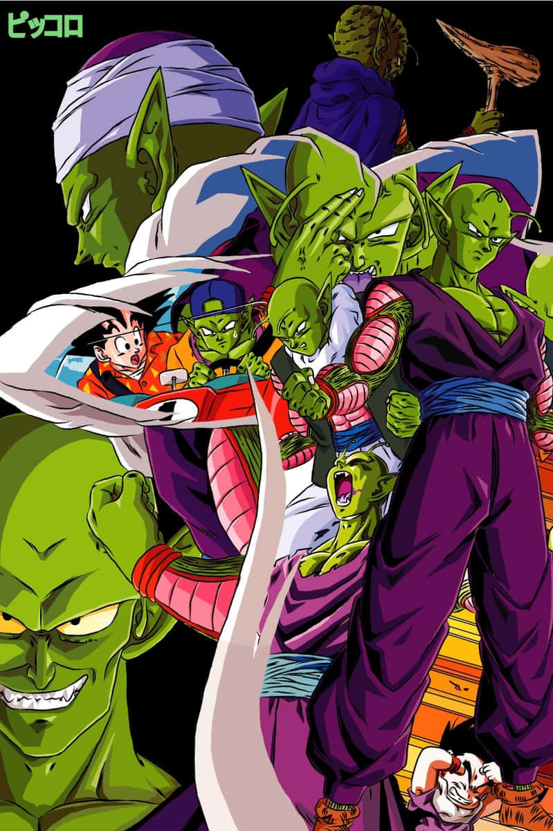 Namek 桌布 壁紙 — 一幅充滿動感的動漫插圖，描繪了多個綠色皮膚的比克角色穿著紫色道服，在黑色背景前擺出挑釁姿勢。