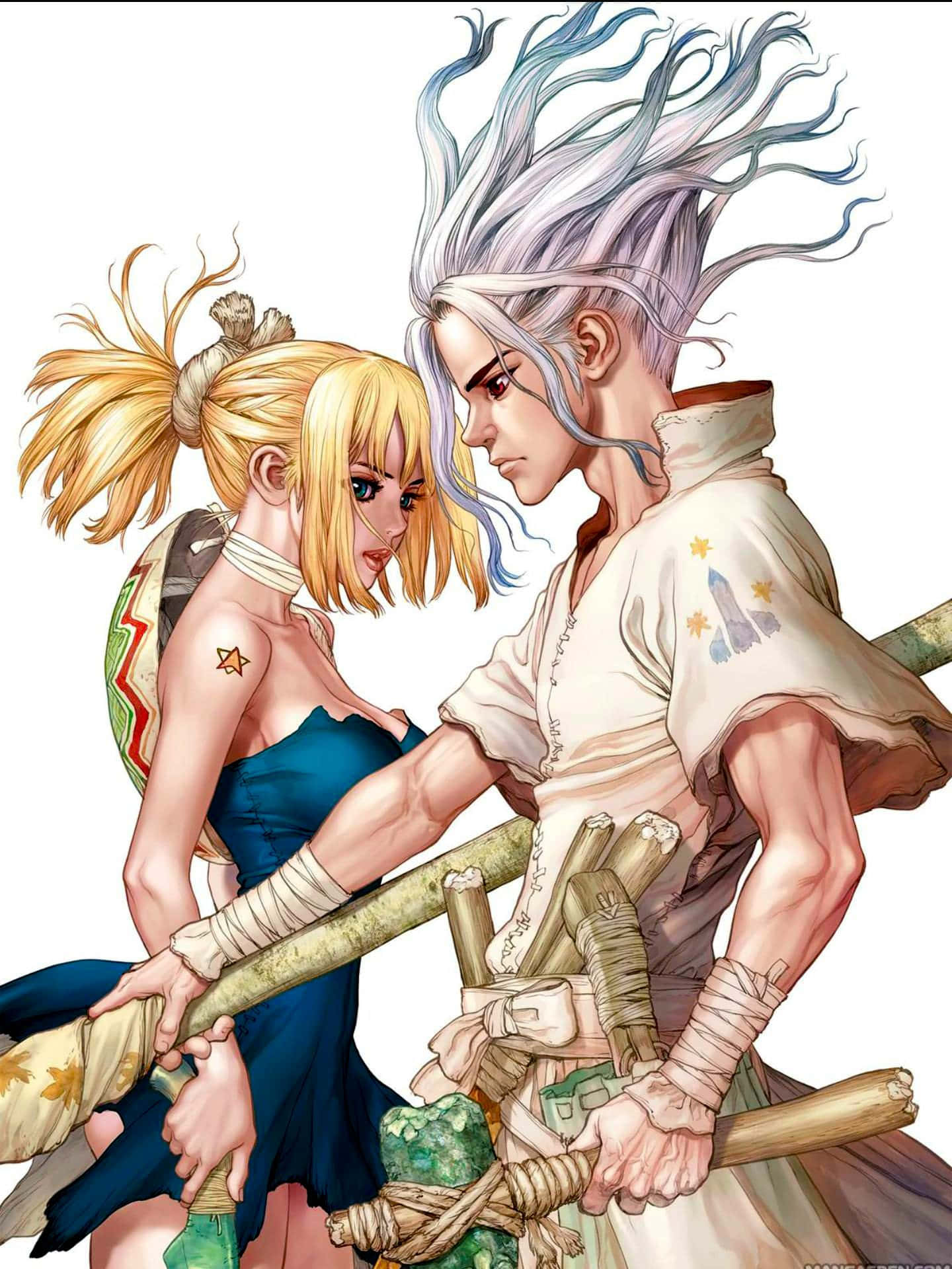 Dr Stone 桌布 壁紙 — 一幅充滿動感的動漫插畫，描繪一位金髮女子和銀髮男子在緊張對峙中共同握著一根法杖。