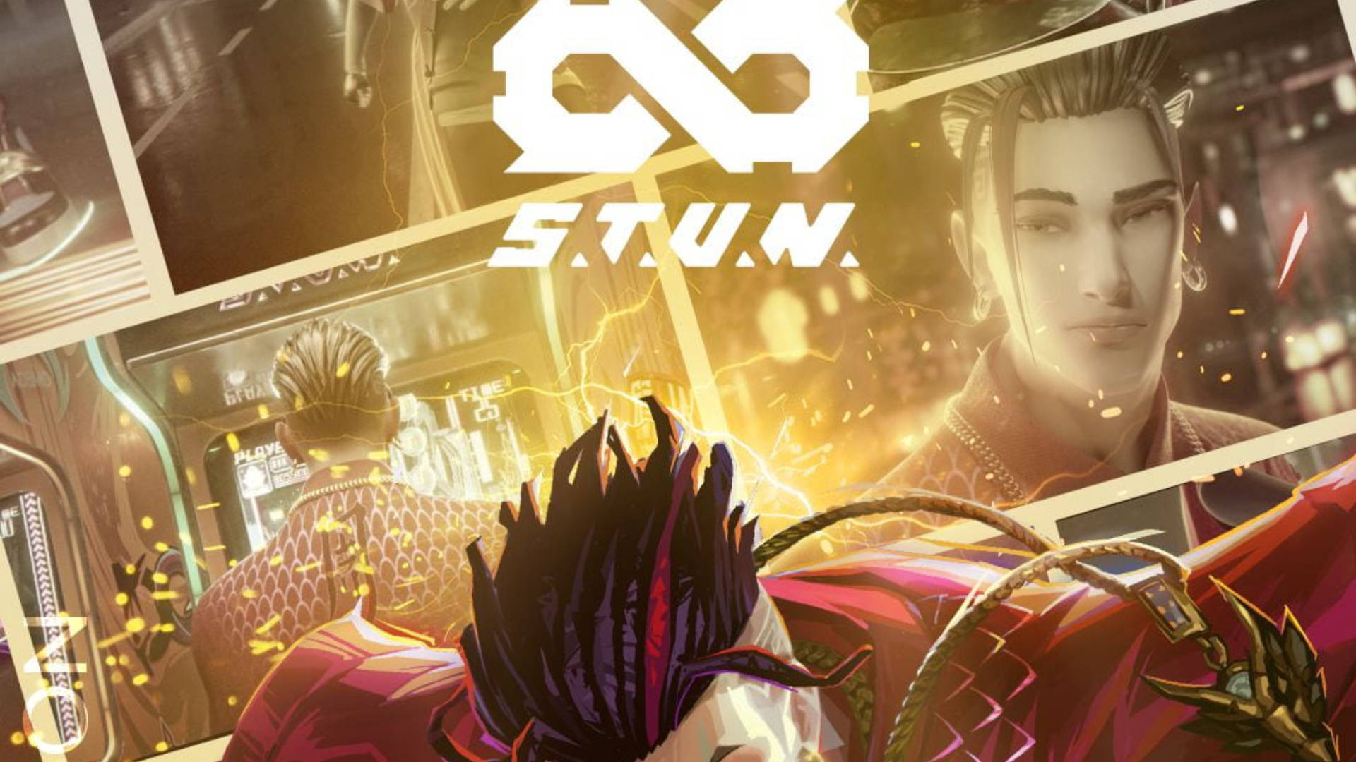 Mobile Legends 動態圖 桌布 壁紙 — 一幅充滿動感的動漫風格拼貼畫，以一個擁有尖刺頭髮和發光效果的角色為特色，背景是充滿活力的城市景觀。