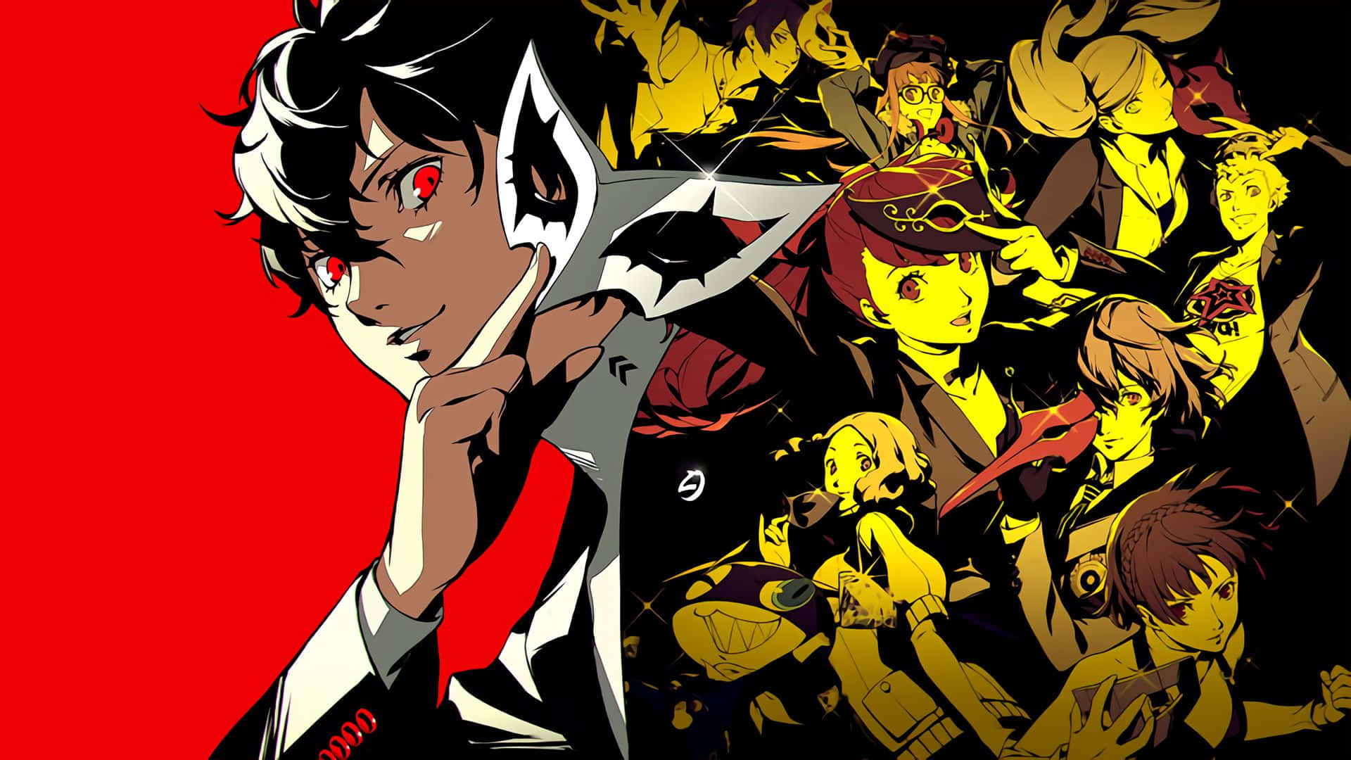 Persona 5 Strikers 桌布 壁紙 — 一幅充滿動感的動漫風格插圖，中央角色擁有紅色眼睛和面具，被一群散發鮮豔黃光的多元角色環繞，背景為大膽的紅色。