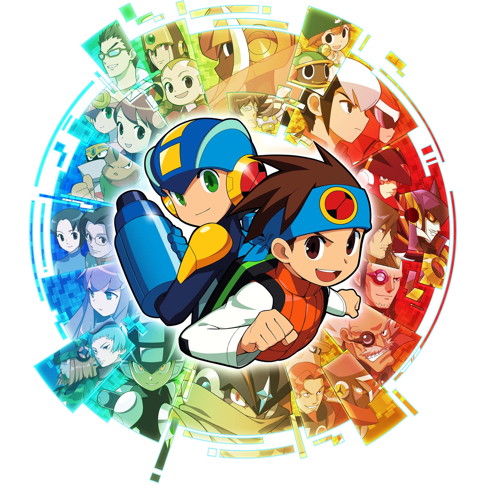 Megaman 桌布 壁紙 — 一幅充滿動感的動漫風格插圖，描繪了 Mega Man 和一位年輕英雄，周圍是其他角色的圓形拼貼畫。