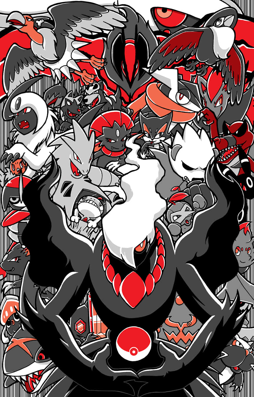Pokemon Posters 桌布 壁紙 — 一幅充滿動感的動漫風格插圖，描繪了大量深紅色和黑色的寶可夢角色，呈現出混亂且層層疊疊的構圖。