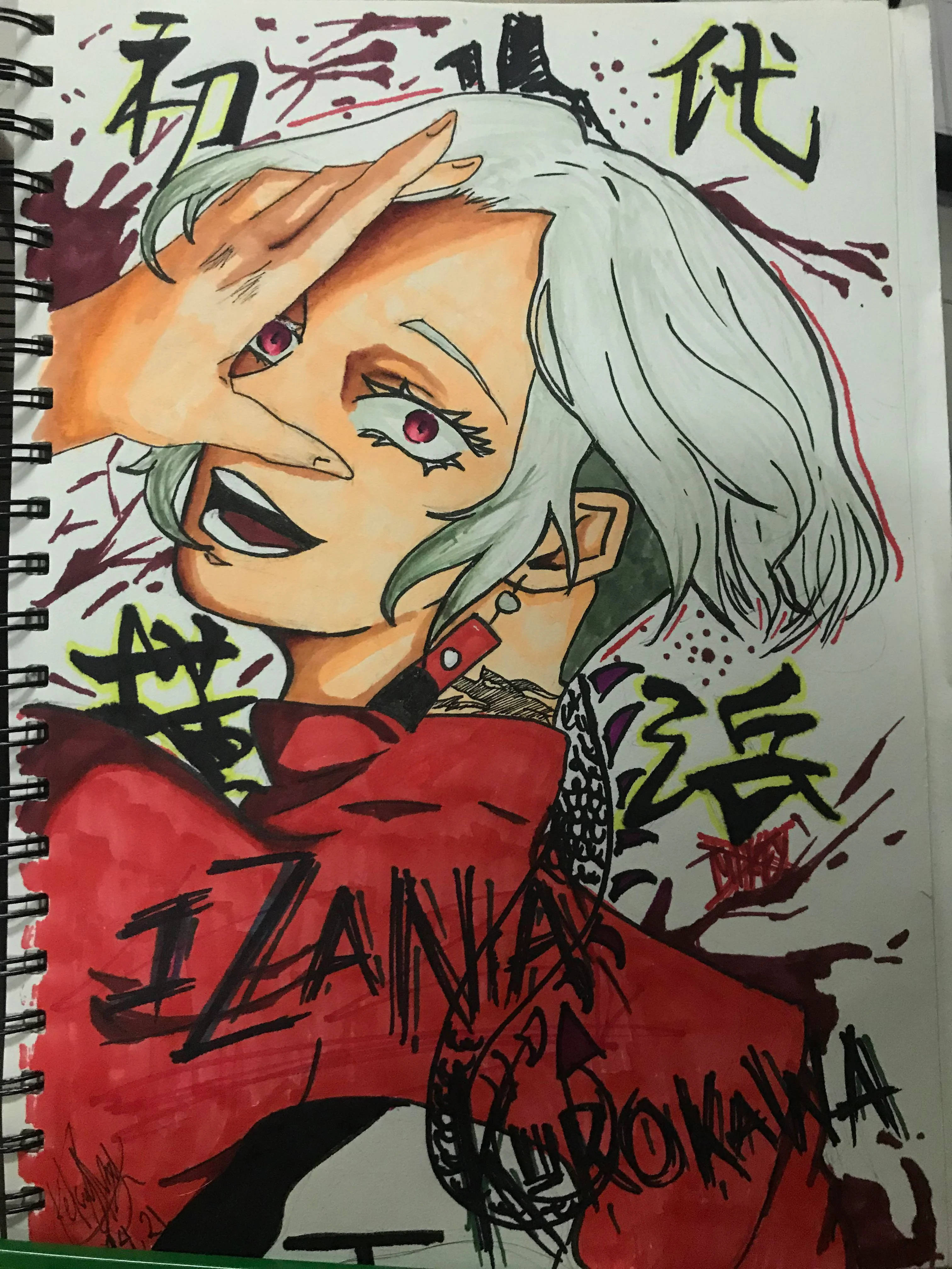 izana kurokawa 桌布 壁紙 — 一幅充滿動感的動漫風格素描，描繪一位銀髮紅眼、身穿紅色外套的角色，用手遮擋眼睛，周圍環繞著粗體日文字和潑濺效果。