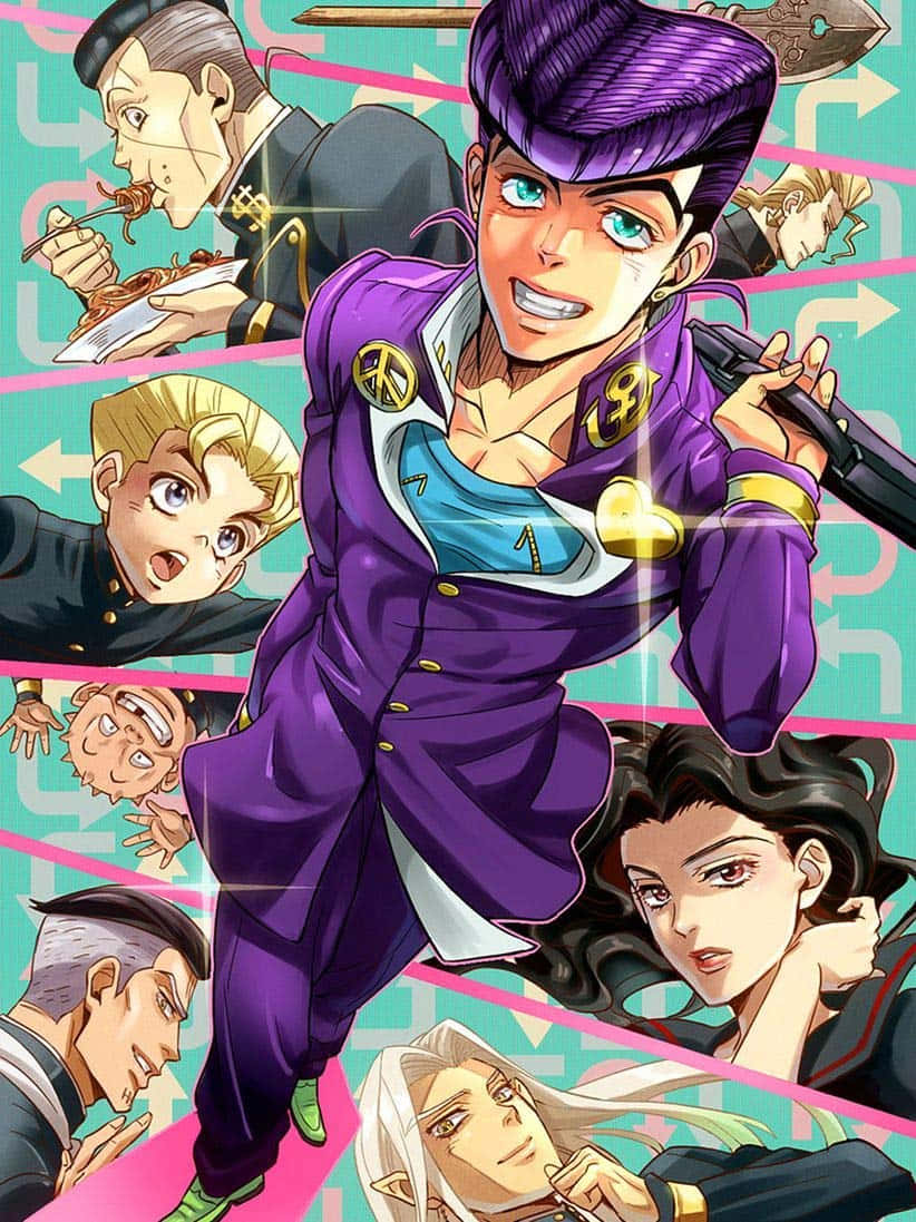 Diamond Is Unbreakable 桌布 壁紙 — 一幅充滿動感的動畫拼貼畫，中央是一個穿著紫色西裝、擁有充滿活力的藍綠色眼睛的角色，周圍環繞著其他表情豐富的角色，背景是幾何圖案的粉紅色和藍綠色。