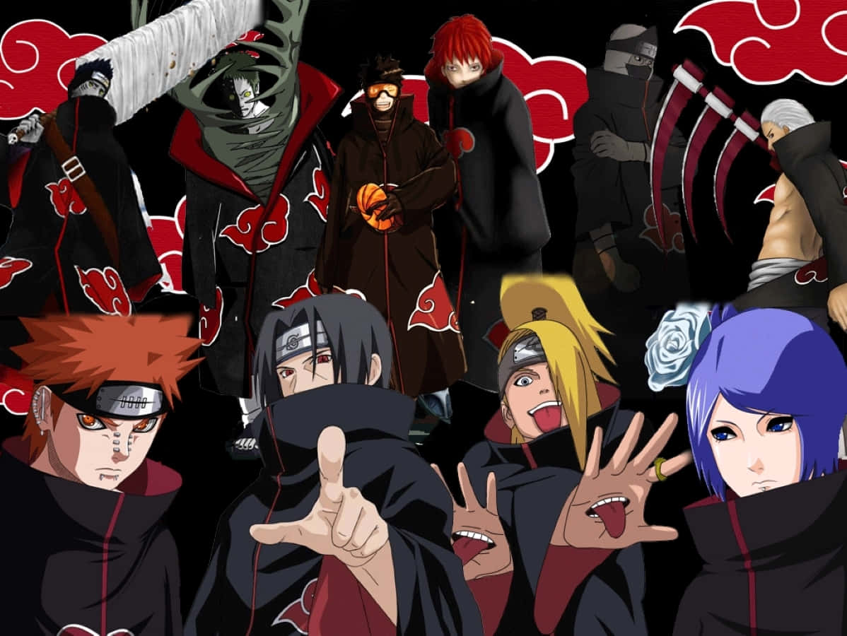 Akatsuki Naruto Shippuden 桌布 壁紙 — 一幅充滿動感的動畫拼貼畫，描繪了身穿帶有紅色雲朵的黑色斗篷的曉組織成員在黑暗背景前擺出戲劇性的姿勢。
