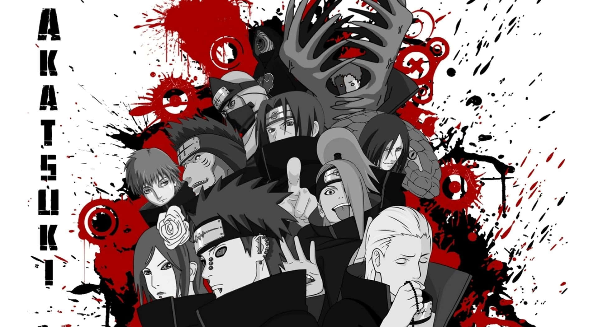 Akatsuki Members 桌布 壁紙 — 一幅充滿動感的動畫拼貼畫，描繪了曉組織成員，帶有紅色飛濺效果和強烈的黑白對比。