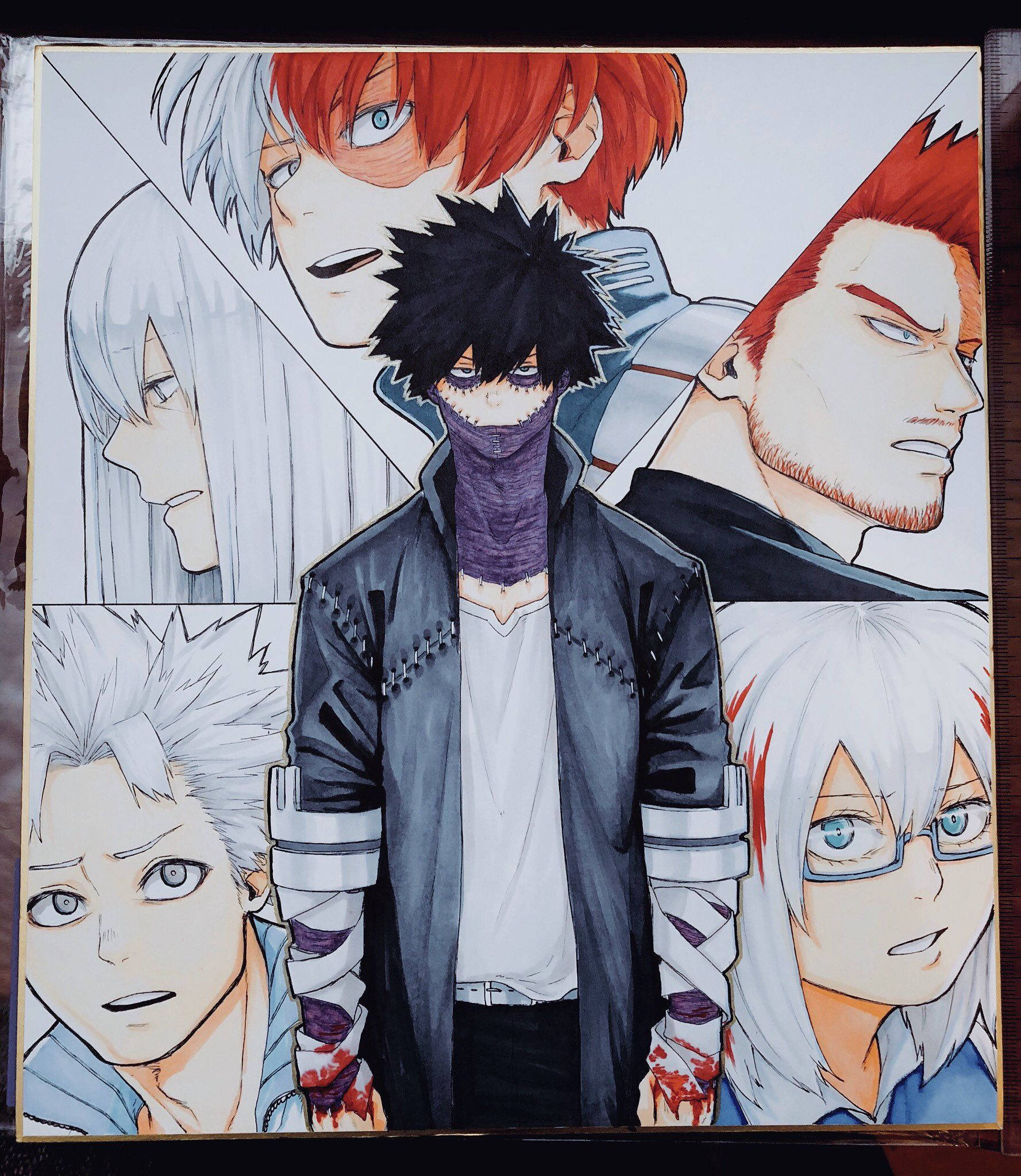 todoroki family 桌布 壁紙 — 一幅充滿動感的動畫插圖，中央有一位戴面具的主角，周圍環繞著五個表情強烈的角色肖像，構圖零碎。