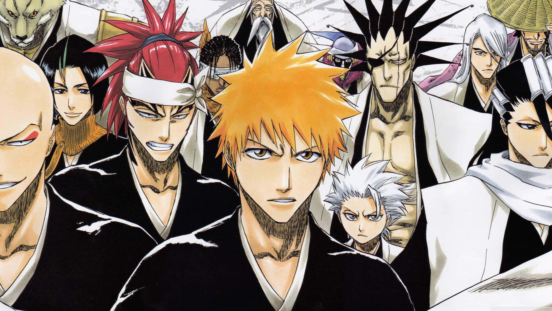 Bleach Anime 桌布 壁紙 — 一幅充滿動感的動畫群像， featuring 多樣角色，擁有尖刺頭髮和強烈表情，穿著黑白服飾。