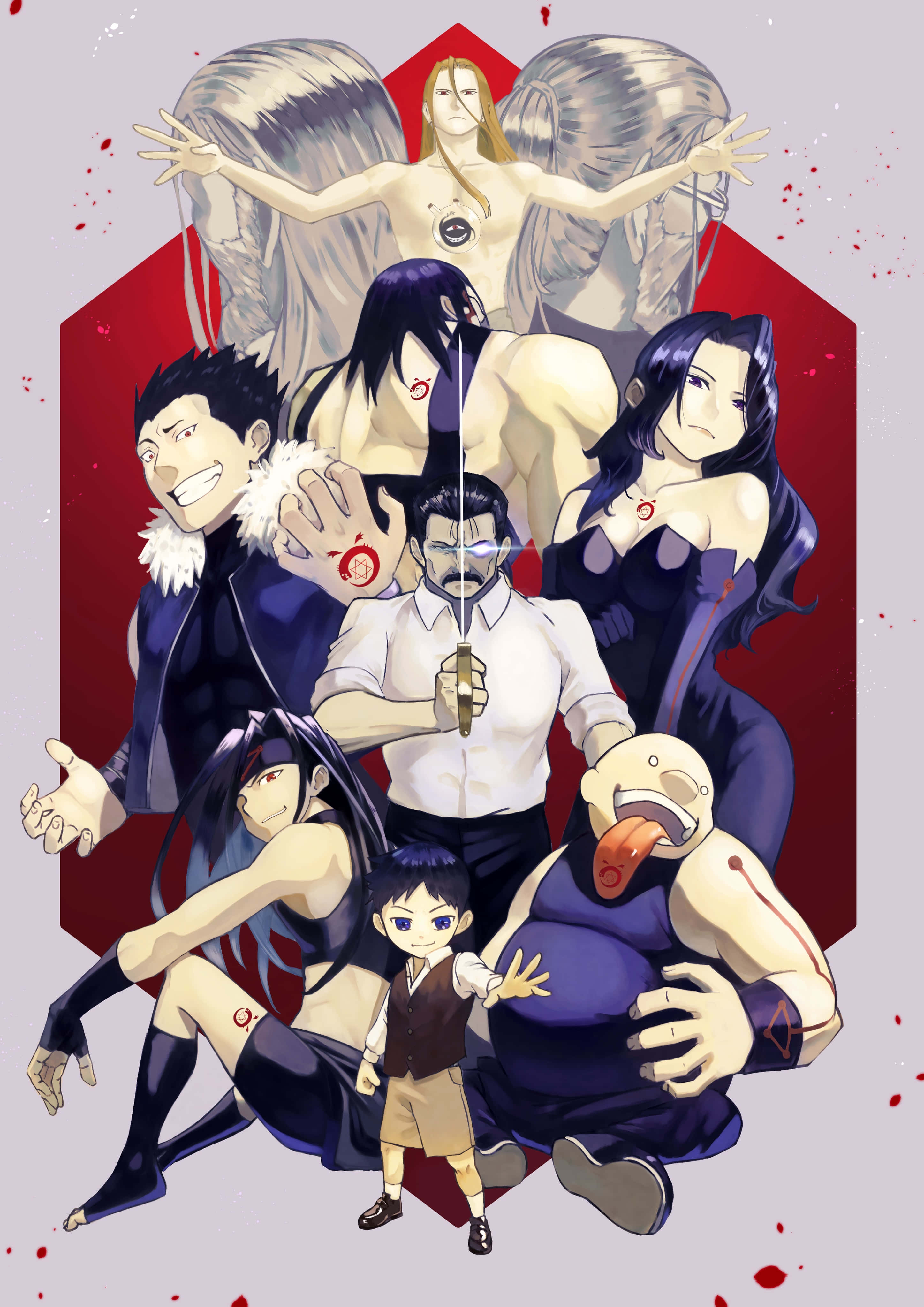 Fullmetal Alchemist Gluttony 桌布 壁紙 — 一幅充滿動感的動畫群像，描繪了多樣化的角色，擁有翅膀、血跡飛濺，並在紅色六邊形背景前擺出戲劇性的姿勢。