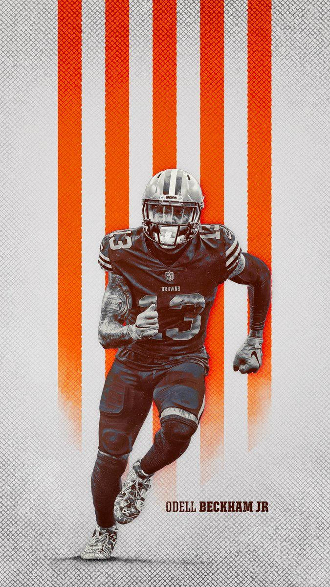 Cleveland Browns 桌布 壁紙 — 一幅充滿動感的插圖，描繪奧德爾·貝克漢姆 Jr. 身穿克里夫蘭布朗隊球衣，在醒目的橙色和白色條紋背景上衝刺。
