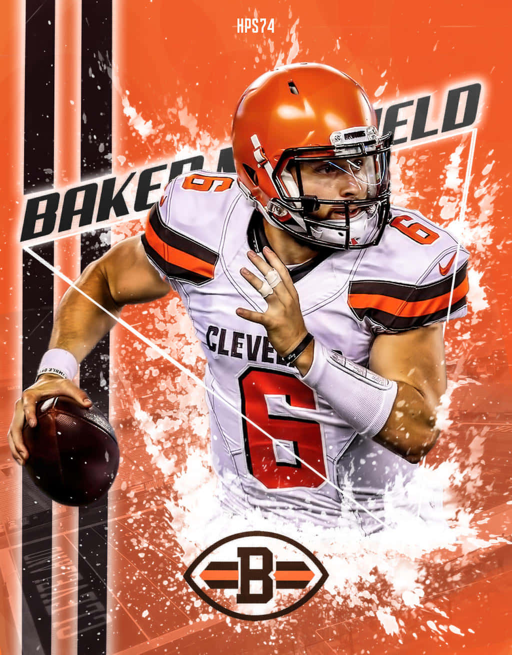 Baker Mayfield 桌布 壁紙 — 一幅充滿動感的數位插圖，描繪克里夫蘭布朗隊四分衛貝克·梅菲爾德在比賽中，手持橄欖球，背景是鮮豔的橙色和白色潑濺效果。